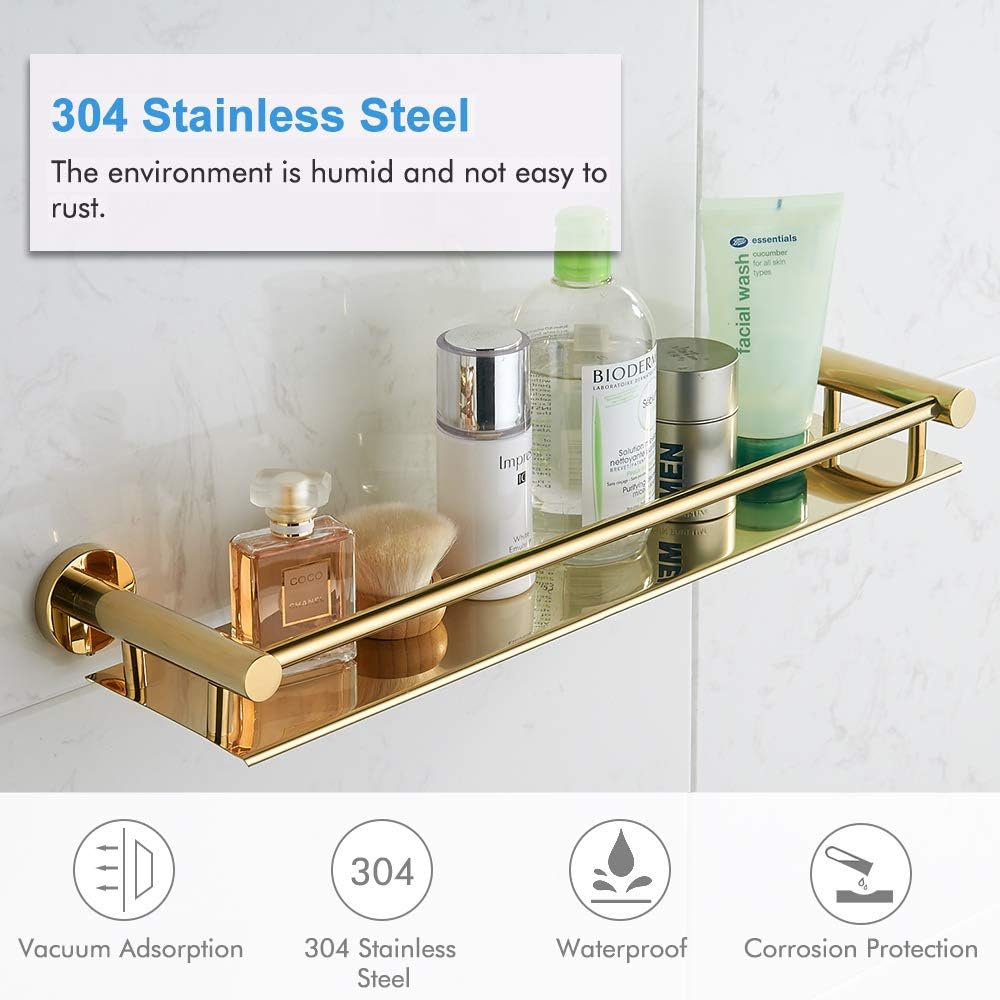 bgl Polished Gold Bathroom Shelf Wall Mounted – Shiny Rustproof Shower Storage Rack with Guard Rail, Luxury Bathroom Organiser for Shampoo, Toiletries & Bottles