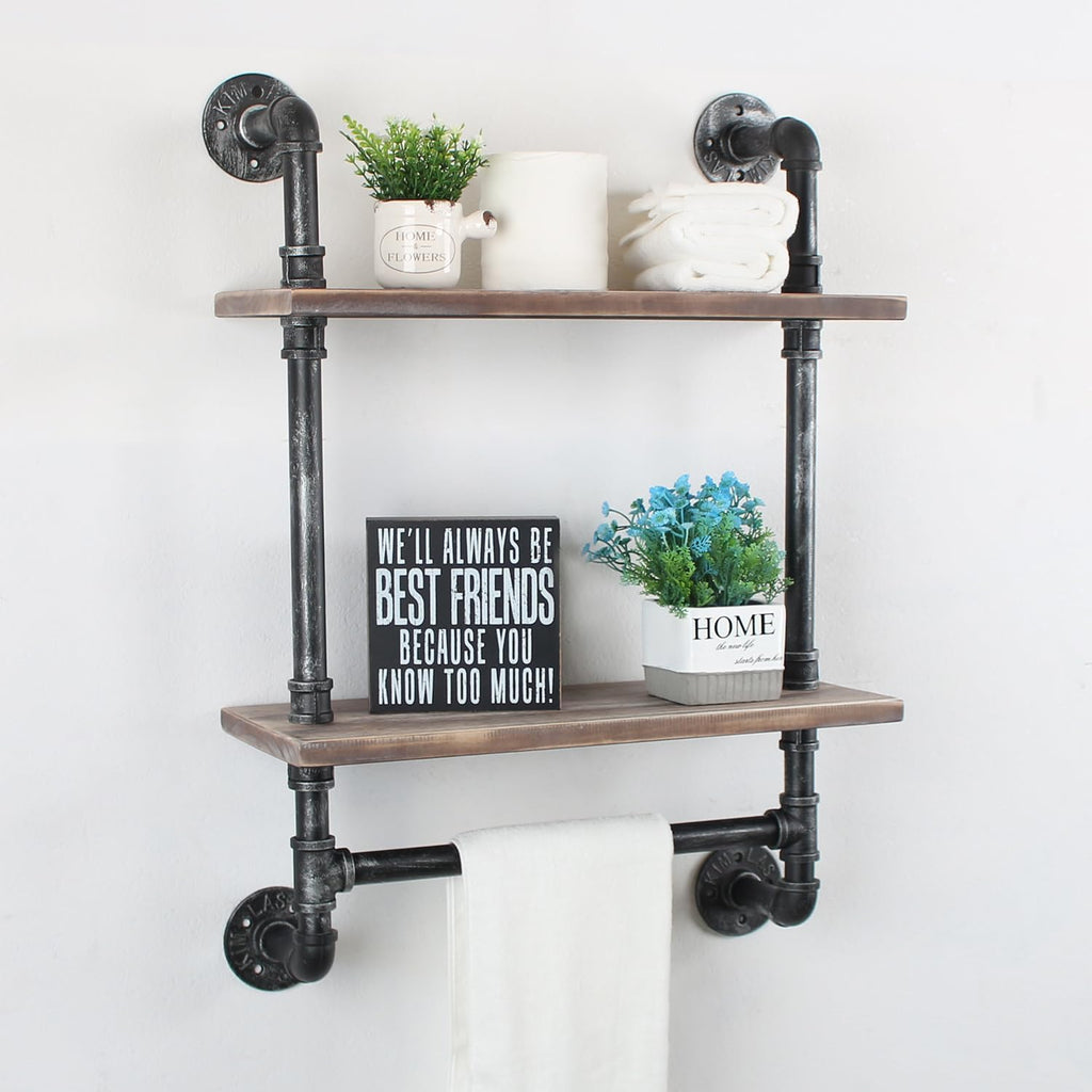 MBQQ Shelving Bathroom Pipe Shelves with Towel Bar Over Toilet, 24 inch Pine Wood Floating Shelves for Wall Mounted Bedroom,Kitchen, Farmhouse, Living Room