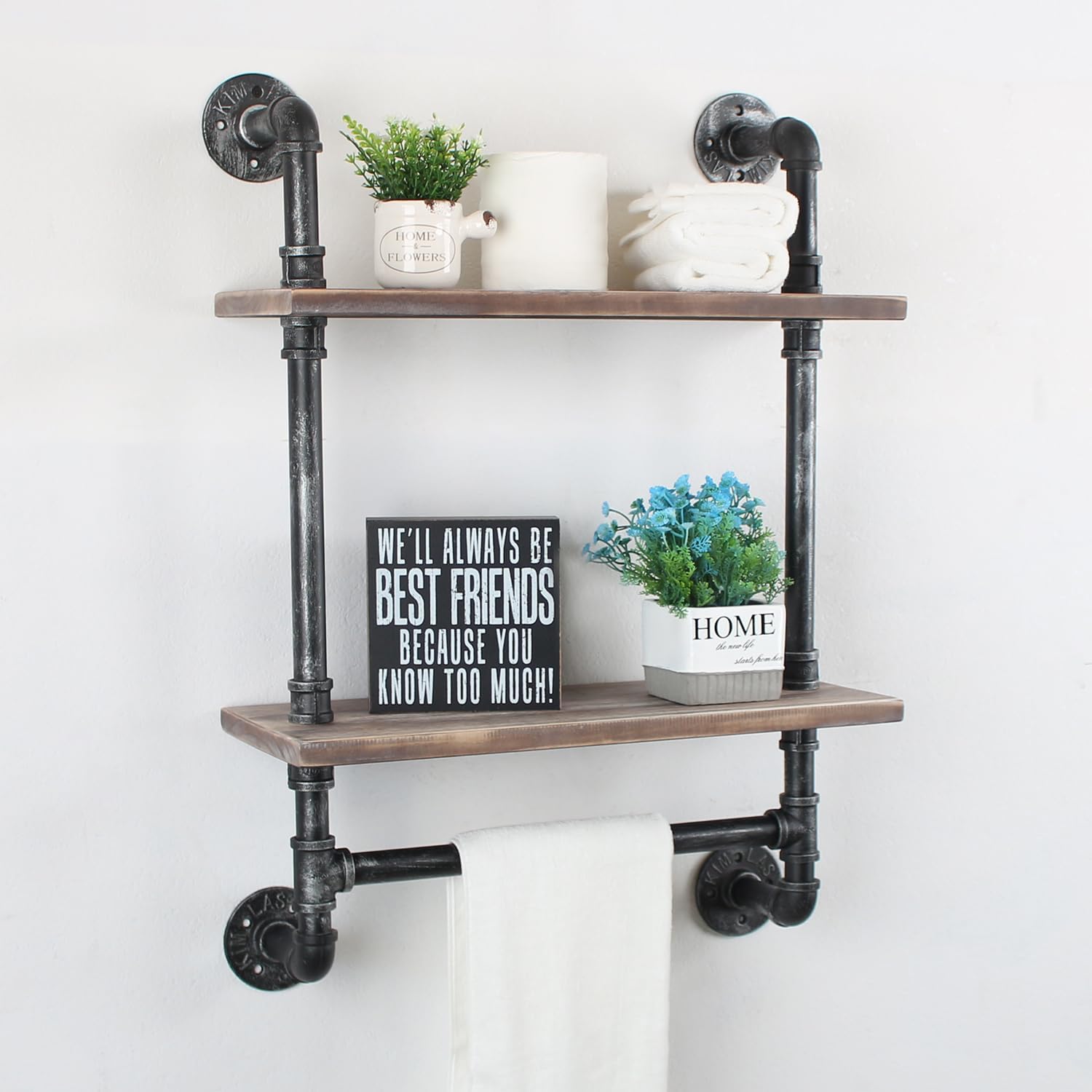MBQQ Shelving Bathroom Pipe Shelves with Towel Bar Over Toilet, 24 inch Pine Wood Floating Shelves for Wall Mounted Bedroom,Kitchen, Farmhouse, Living Room