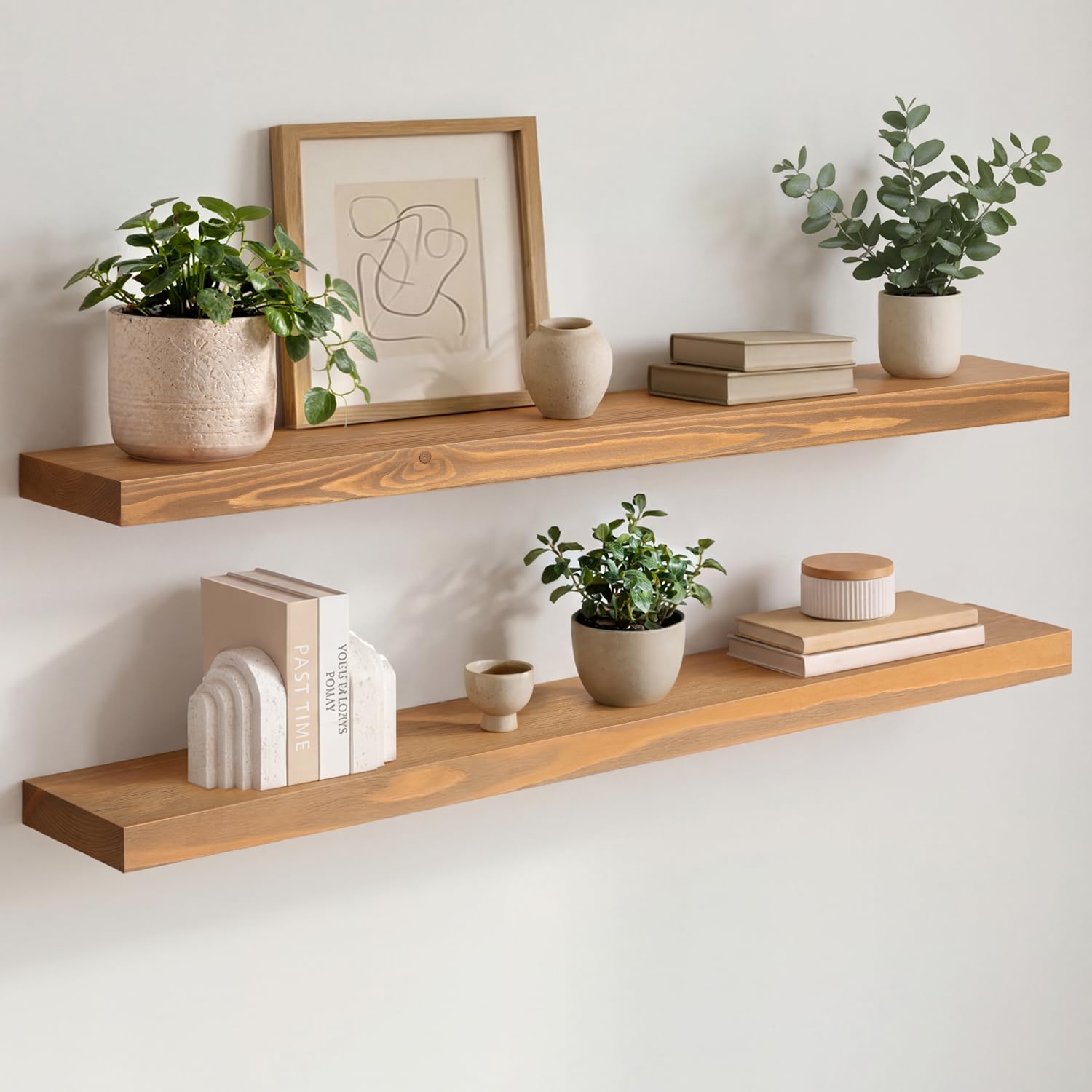 Homeforia White Floating Shelves 24 inch, High End Solid Real Wood 24inch Bathroom Floating Shelf for Wall Mounted, White Wooden 24in Floating Shelves, Heavy Duty Bracket, 24 X 6.5 X 1.75 in, Set of 2