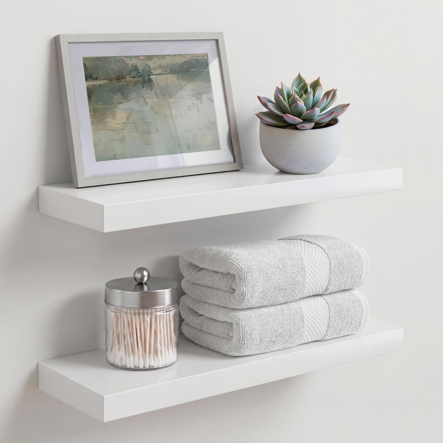 Homeforia White Floating Shelves 24 inch, High End Solid Real Wood 24inch Bathroom Floating Shelf for Wall Mounted, White Wooden 24in Floating Shelves, Heavy Duty Bracket, 24 X 6.5 X 1.75 in, Set of 2
