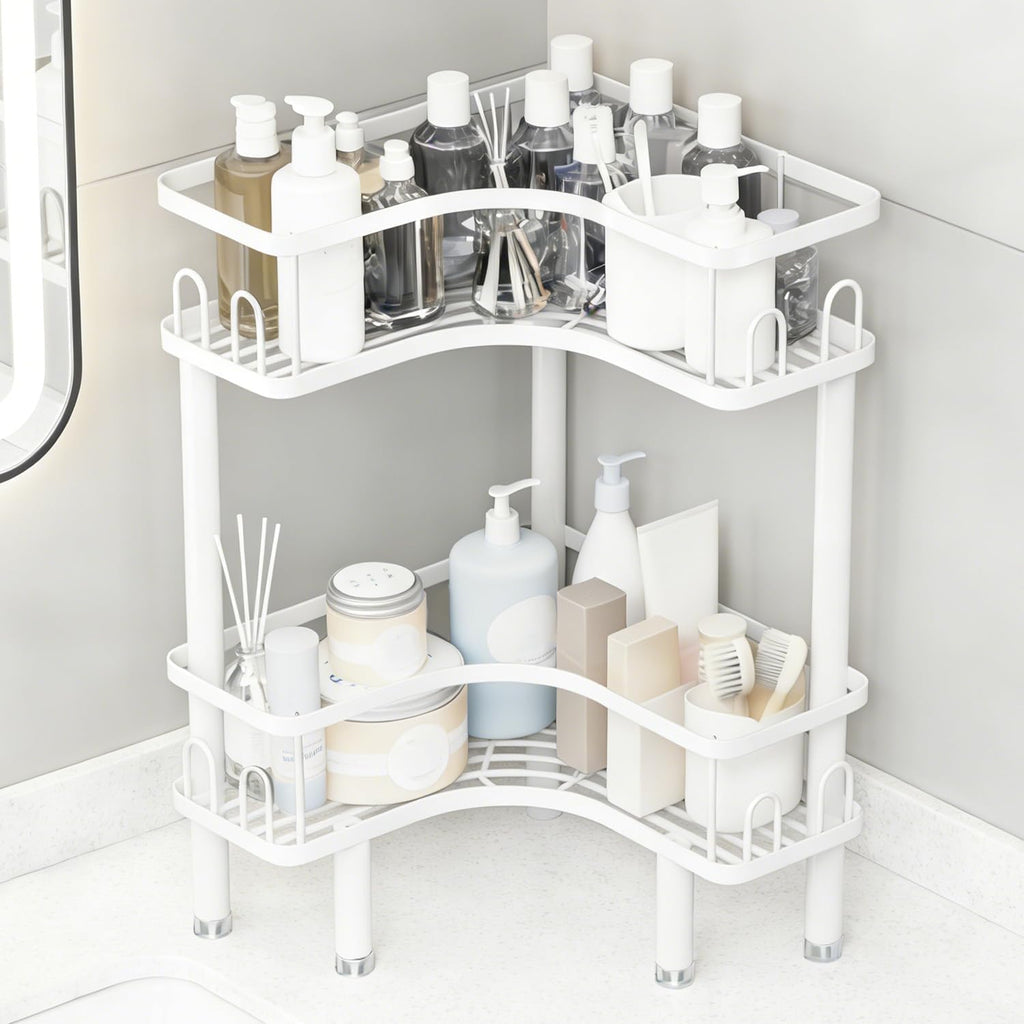Free Standing 2 Tier Shower Caddy with 4 Hooks on Each Shelf Waterproof Corner Organizer Corner for Bathroom Kitchen Large Capacity Shower Rack (White)