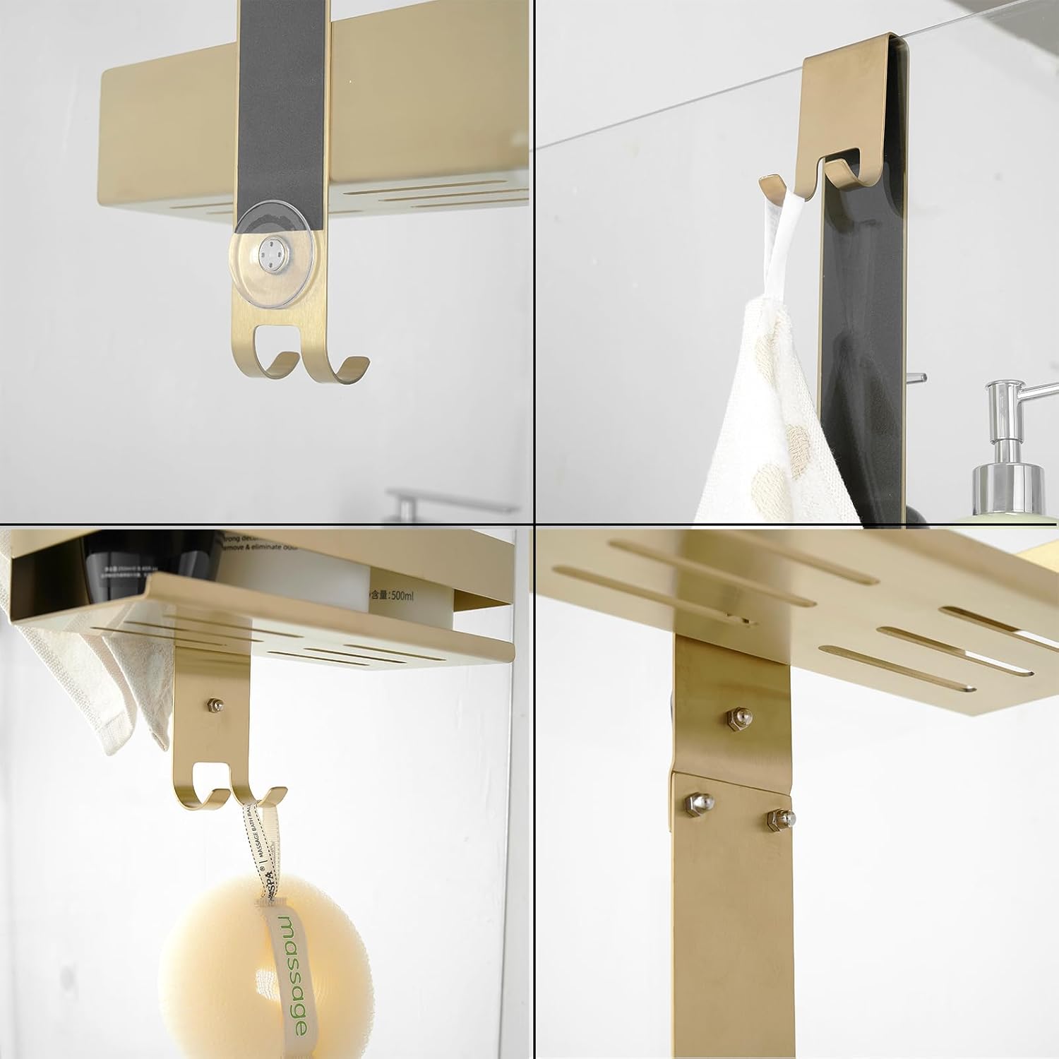 Beelee Gold Shower Caddy Hanging: Over Door Shower Organizer Bathroom Storage with 2-Tier Rack and Hooks, Holds Body Wash, Shampoo, Soap, Razor, Towel