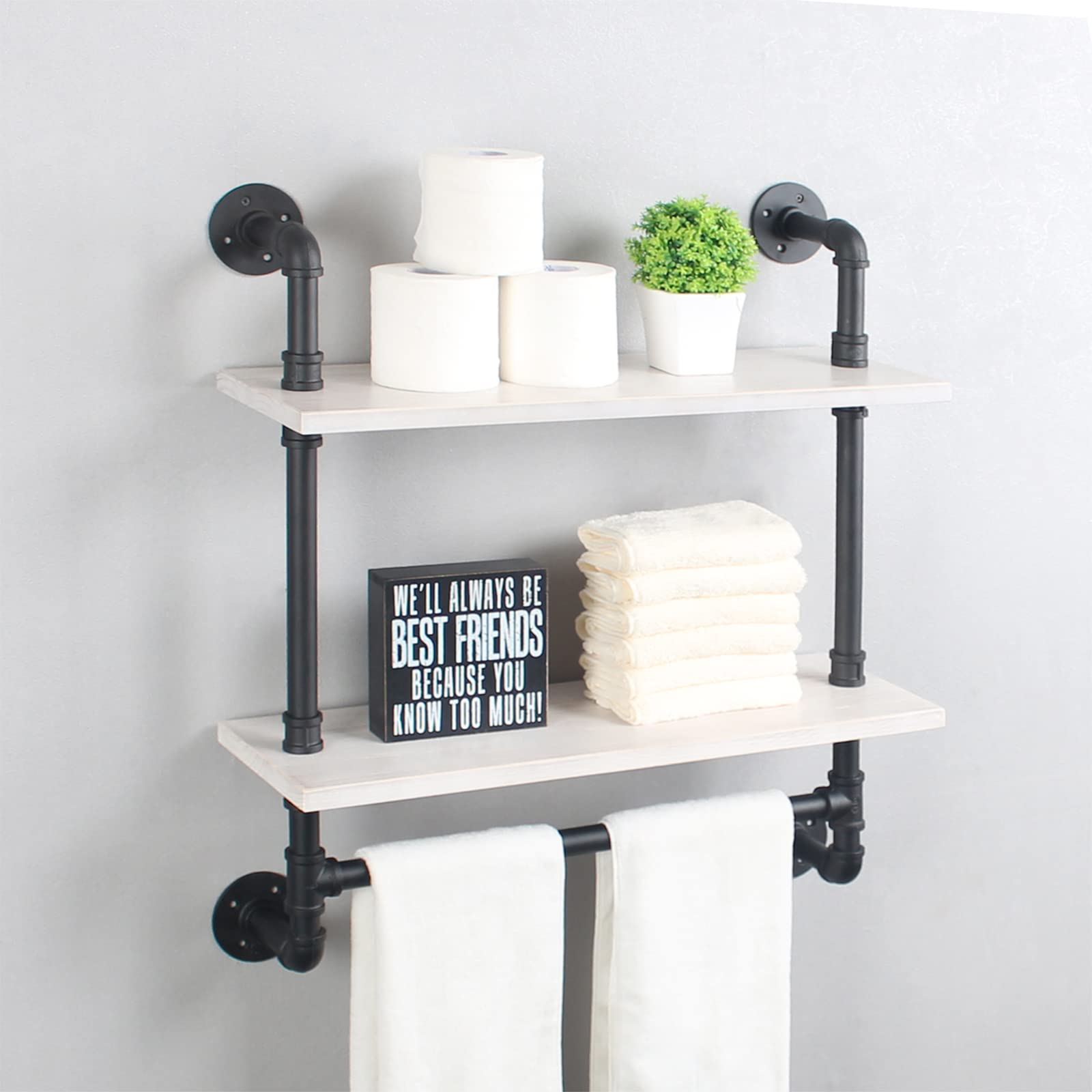 MBQQ Shelving Bathroom Pipe Shelves with Towel Bar Over Toilet, 24 inch Pine Wood Floating Shelves for Wall Mounted Bedroom,Kitchen, Farmhouse, Living Room