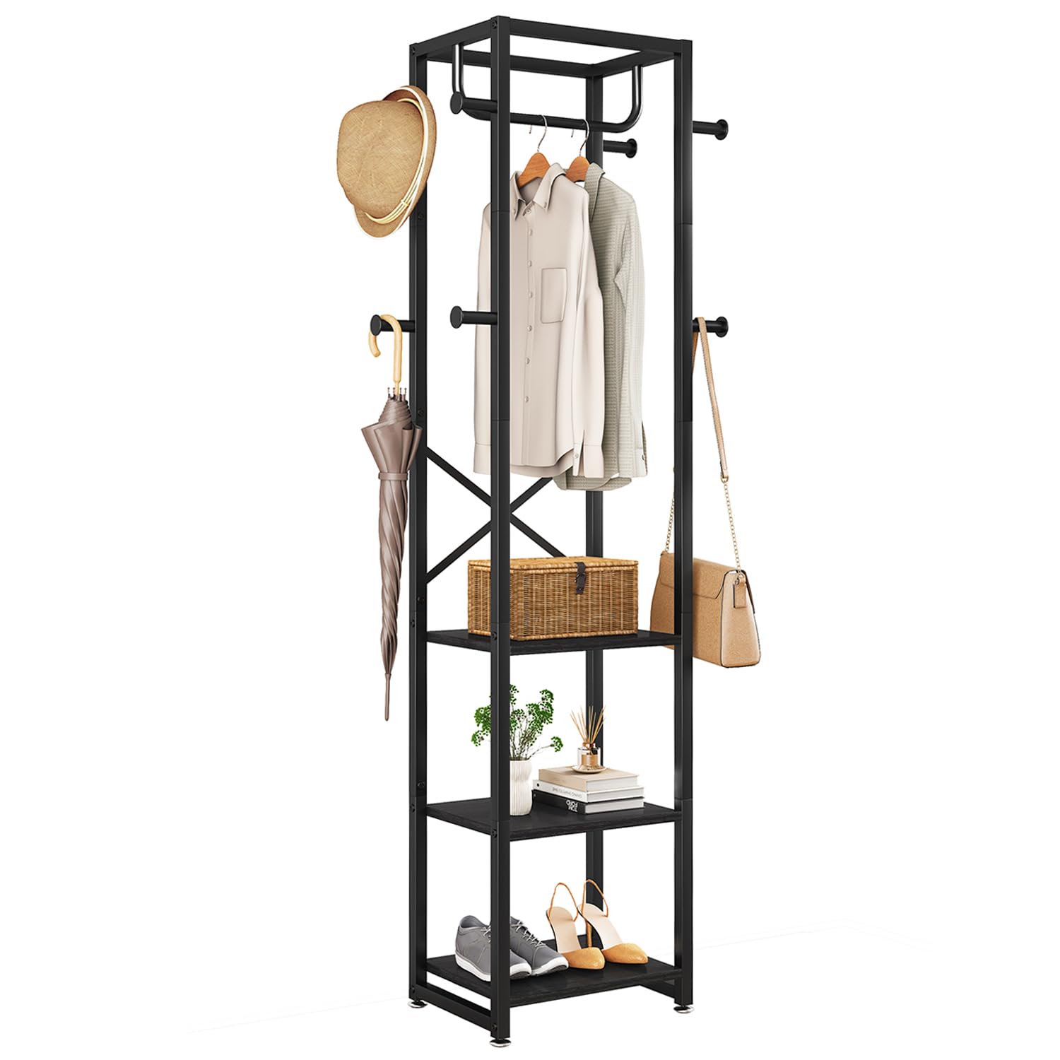 IBUYKE Coat Rack, Freestanding Coat Stand with 3 Shelves and 8 Hooks, Industrial Clothes Stand for Entryway, Hallway, Bedroom, 180 x 40 x 30 cm, Rustic Brown TMJ088H