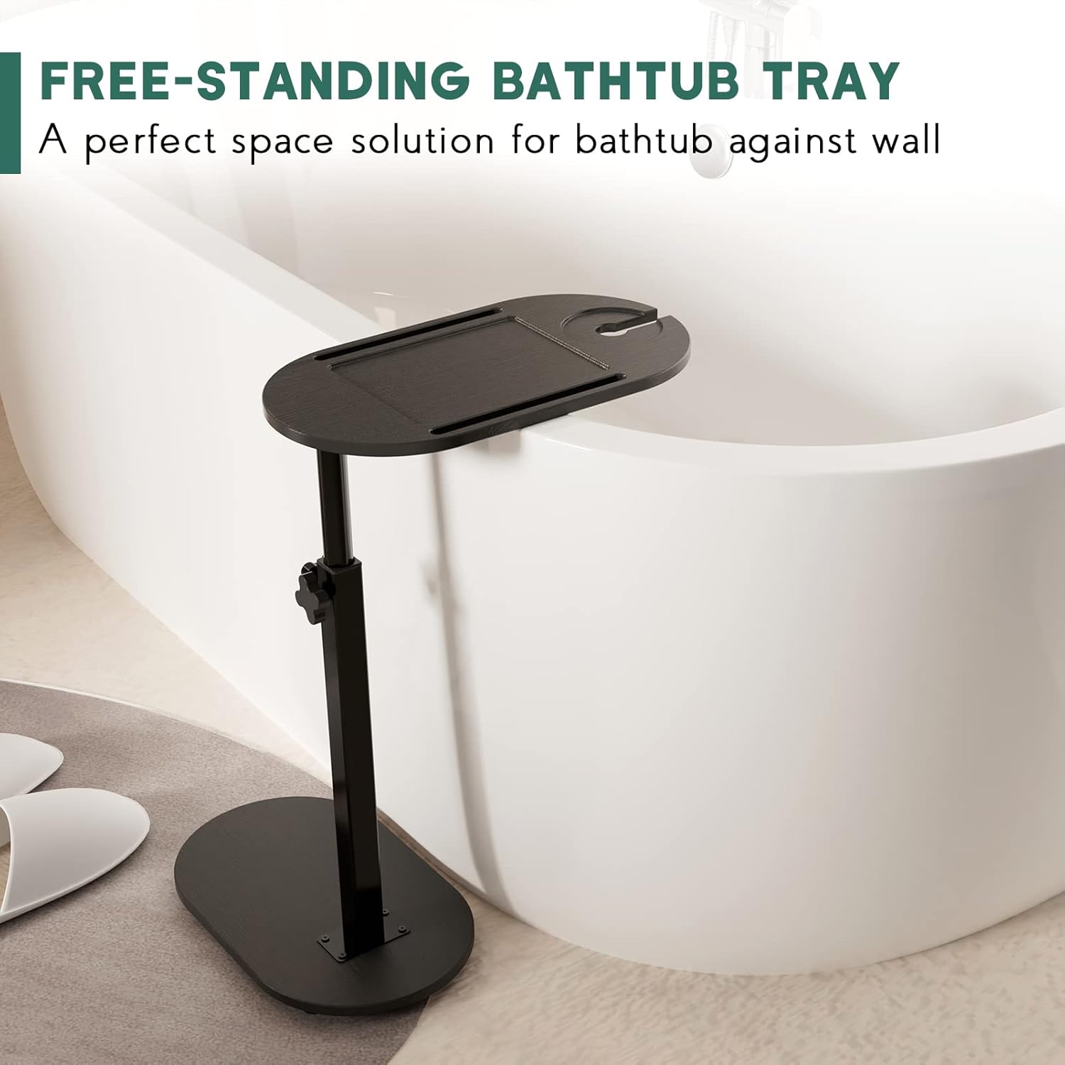 Yumkfoi Bamboo Bathtub Tray Table with Adjustable Height, Freestanding Bathtub Caddy for Tub Against Wall, Tub Organizer Suitable for Luxury Spa and House Warming Gift - Patent Protected (Black)