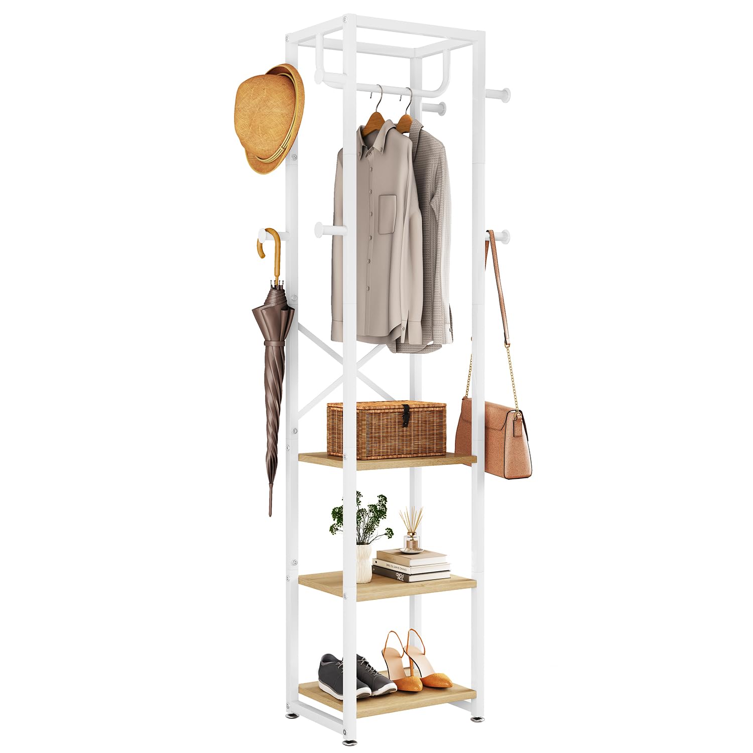 IBUYKE Coat Rack, Freestanding Coat Stand with 3 Shelves and 8 Hooks, Industrial Clothes Stand for Entryway, Hallway, Bedroom, 180 x 40 x 30 cm, Rustic Brown TMJ088H