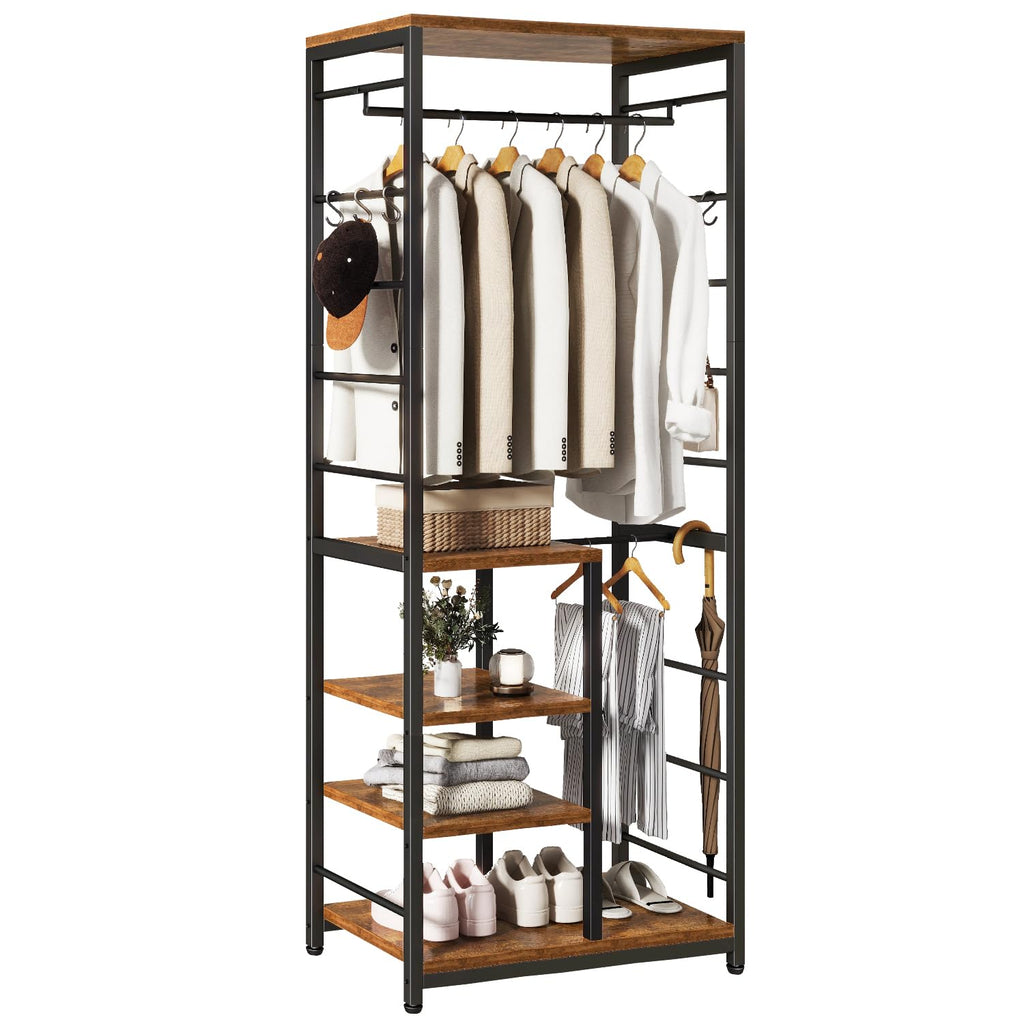 IBUYKE Coat Rack, Freestanding Coat Stand with 3 Shelves and 8 Hooks, Industrial Clothes Stand for Entryway, Hallway, Bedroom, 180 x 40 x 30 cm, Rustic Brown TMJ088H