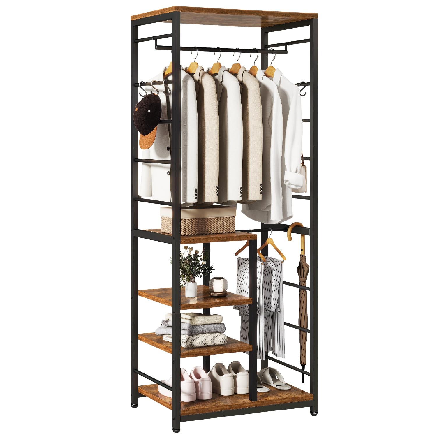 IBUYKE Coat Rack, Freestanding Coat Stand with 3 Shelves and 8 Hooks, Industrial Clothes Stand for Entryway, Hallway, Bedroom, 180 x 40 x 30 cm, Rustic Brown TMJ088H