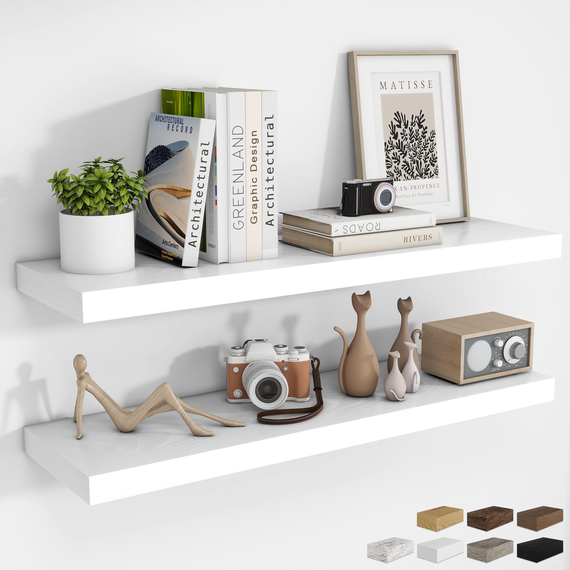 RICHFOCUS 24Inch Floating Shelves for Wall 2 Pack Shelves for Bedroom|Kitchen|Bathroom Wall Mounted Rustic Wood Floating Shelf with Invisible Brackets for Books|Storage|Decor, Oak