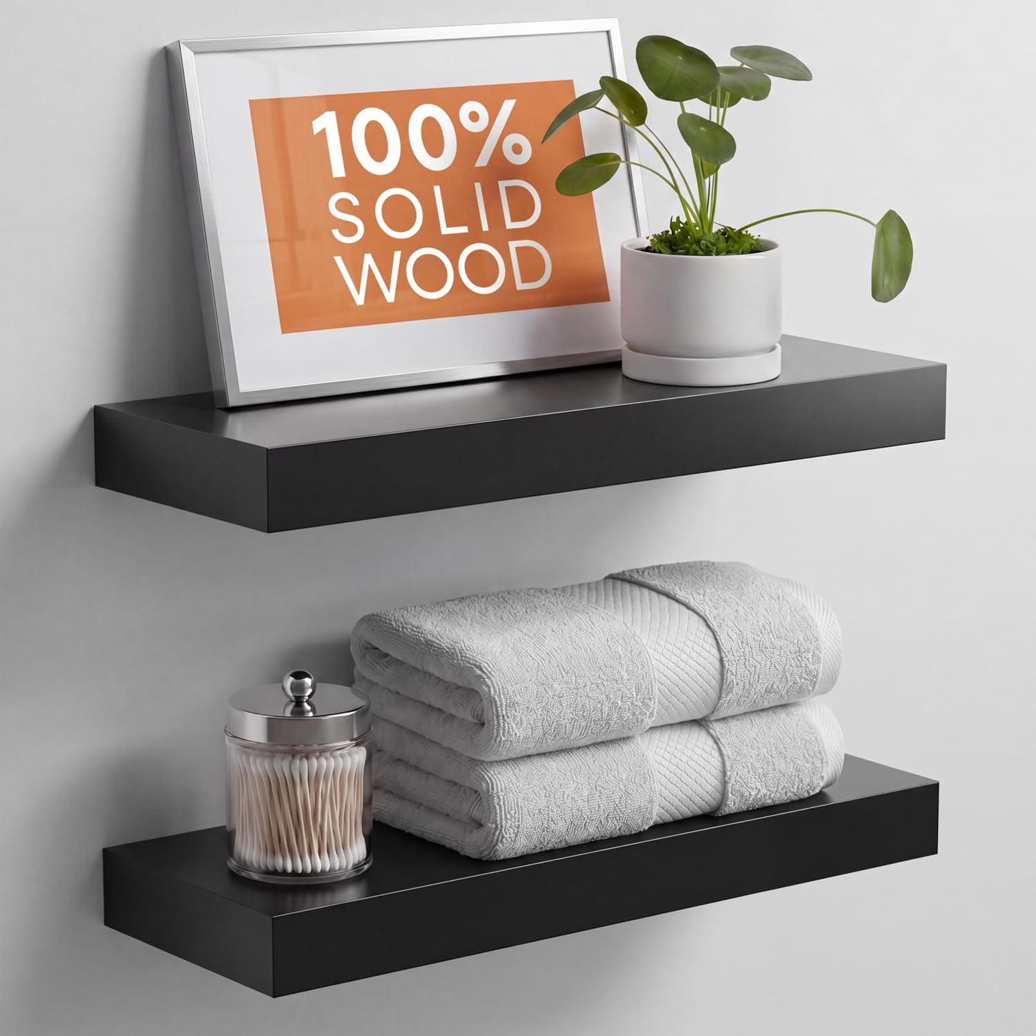 Homeforia White Floating Shelves 24 inch, High End Solid Real Wood 24inch Bathroom Floating Shelf for Wall Mounted, White Wooden 24in Floating Shelves, Heavy Duty Bracket, 24 X 6.5 X 1.75 in, Set of 2