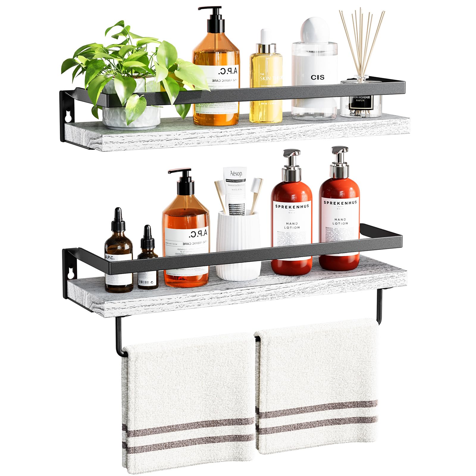 AMADA HOMEFURNISHING Bathroom Shelves with Towel Bar, Floating Shelves, Wall Shelves for Bathroom/Living Room/Kitchen/Bedroom, Rustic Brown, Set of 2 - AMFS01BN