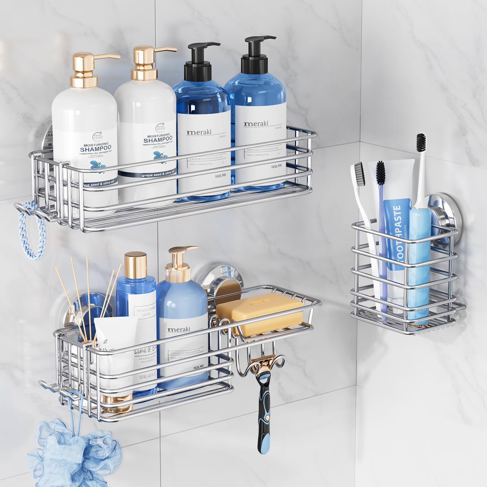 TAILI 2 Pack Rustproof Suction Shower Caddy, Stainless Steel Suction Cup Shower Caddy Bathroom Shelves No Drilling Heavy Duty Holder Removable Powerful Bathroom for Shampoo Toiletries Kitchen, Black