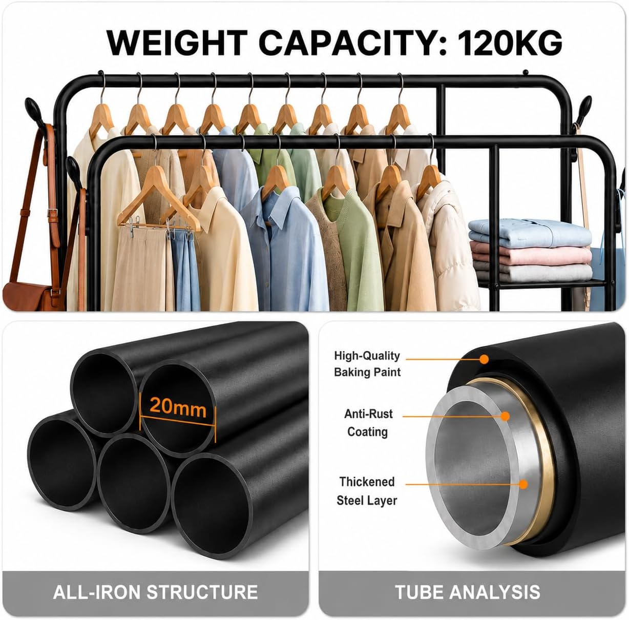 Heavy Duty Clothes Rail for Bedroom, Double Hanging Rail Metal Clothing Rail with 3 Side Shelves and 4 Coat Hooks, Freestanding Clothes Rack for Bedroom, Living Room 120kg (Black)