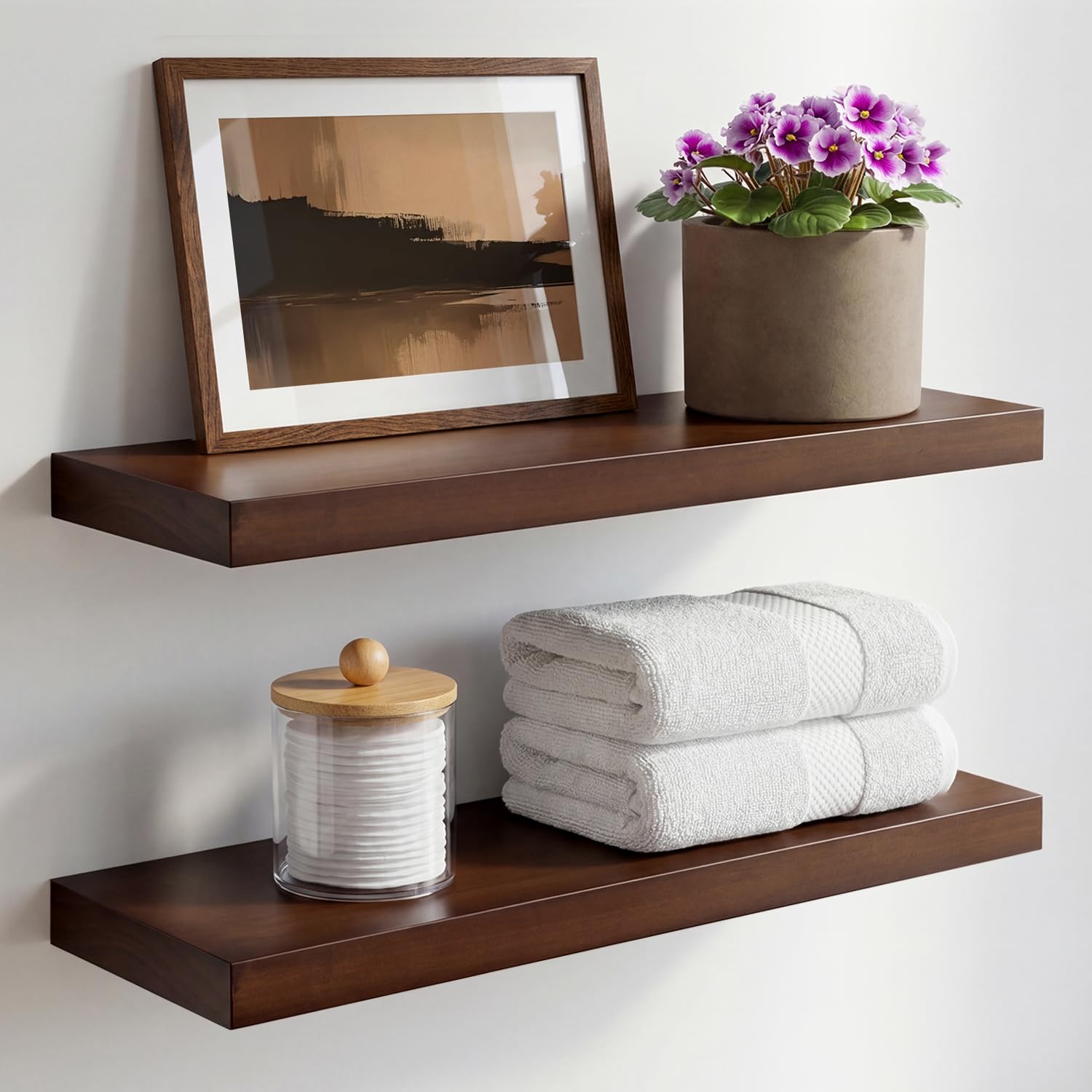 Homeforia White Floating Shelves 24 inch, High End Solid Real Wood 24inch Bathroom Floating Shelf for Wall Mounted, White Wooden 24in Floating Shelves, Heavy Duty Bracket, 24 X 6.5 X 1.75 in, Set of 2