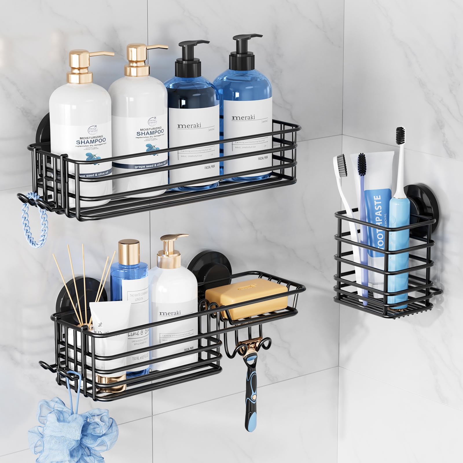 TAILI 2 Pack Rustproof Suction Shower Caddy, Stainless Steel Suction Cup Shower Caddy Bathroom Shelves No Drilling Heavy Duty Holder Removable Powerful Bathroom for Shampoo Toiletries Kitchen, Black