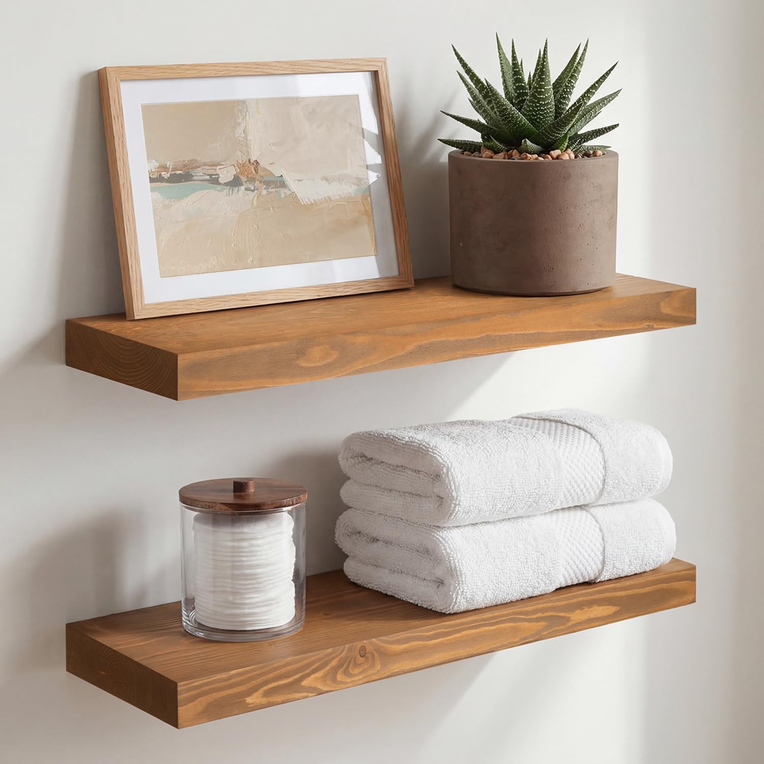 Homeforia White Floating Shelves 24 inch, High End Solid Real Wood 24inch Bathroom Floating Shelf for Wall Mounted, White Wooden 24in Floating Shelves, Heavy Duty Bracket, 24 X 6.5 X 1.75 in, Set of 2