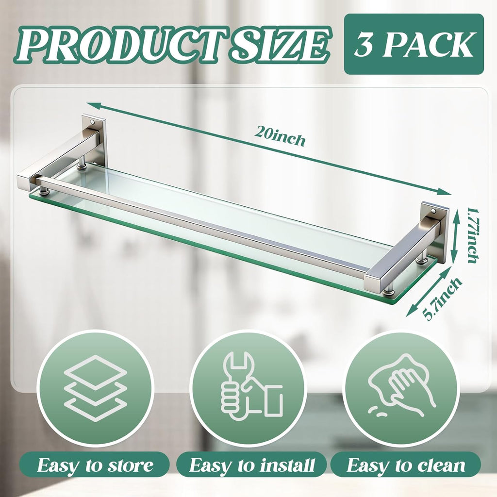 Cinnvoice 3 Pack 20 Inch Glass Bathroom Shelves for Wall, Wall Mount Glass Shelves with Stainless Steel Rail, Modern Floating Bathroom Shelf Organizer, Rectangular Room Decor for Sink, Over Toilet