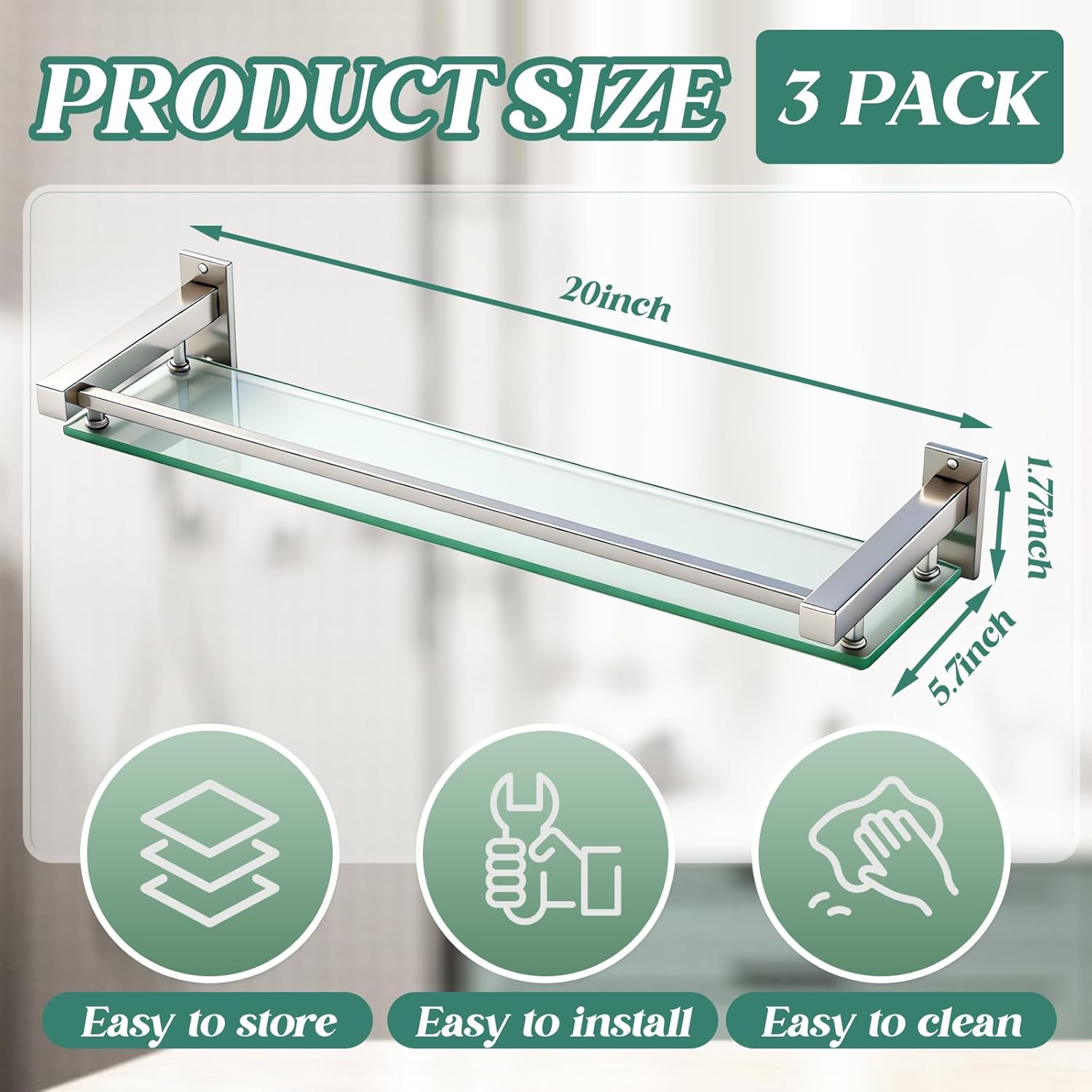 Cinnvoice 3 Pack 20 Inch Glass Bathroom Shelves for Wall, Wall Mount Glass Shelves with Stainless Steel Rail, Modern Floating Bathroom Shelf Organizer, Rectangular Room Decor for Sink, Over Toilet