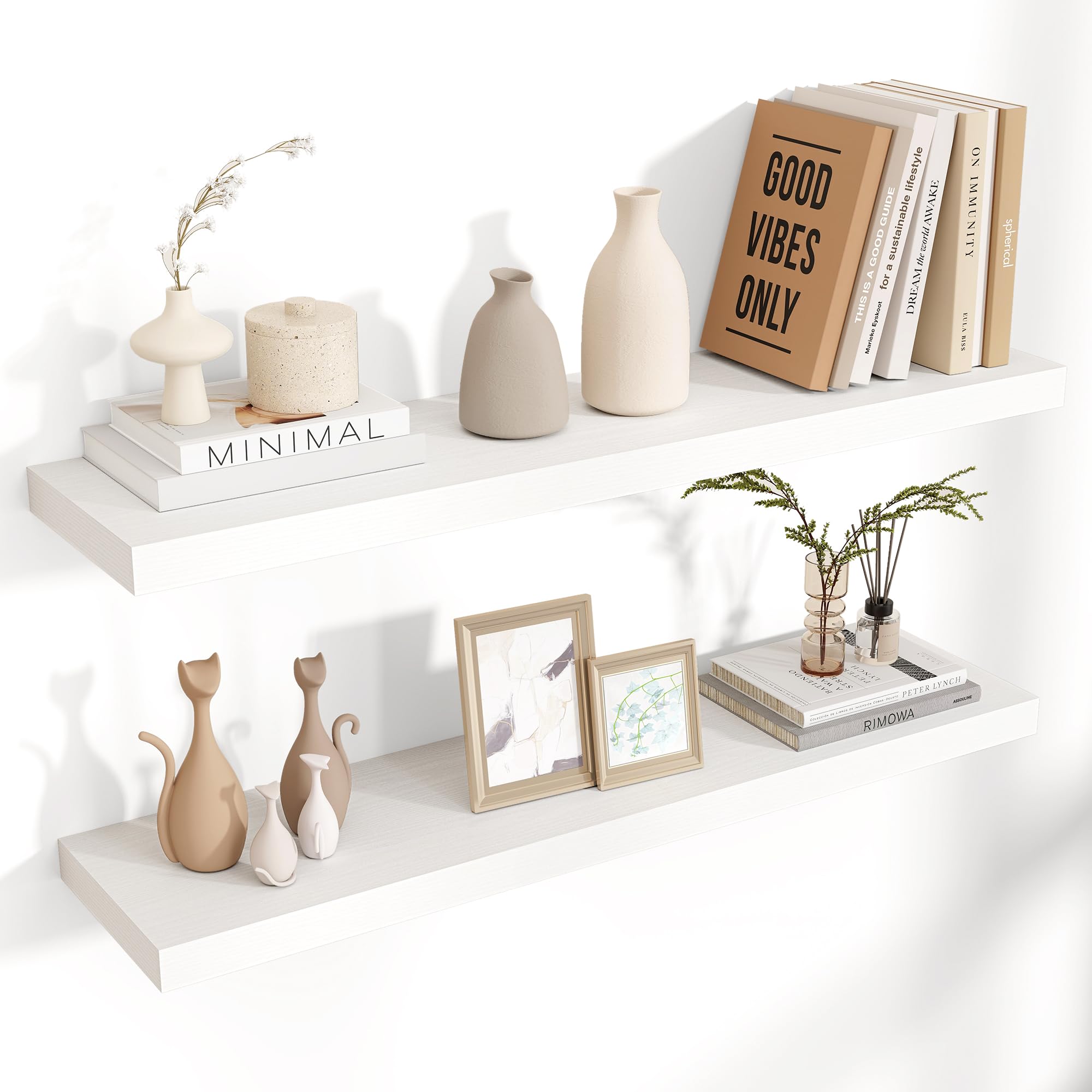Venusmiles Floating Shelves for Wall 24 inch Long, Engineered Wood Wall Shelves with Invisible Brackets for Living Room Bedroom Bathroom Office Kitchen Decor and Storage, Oak Finish, Set of 2
