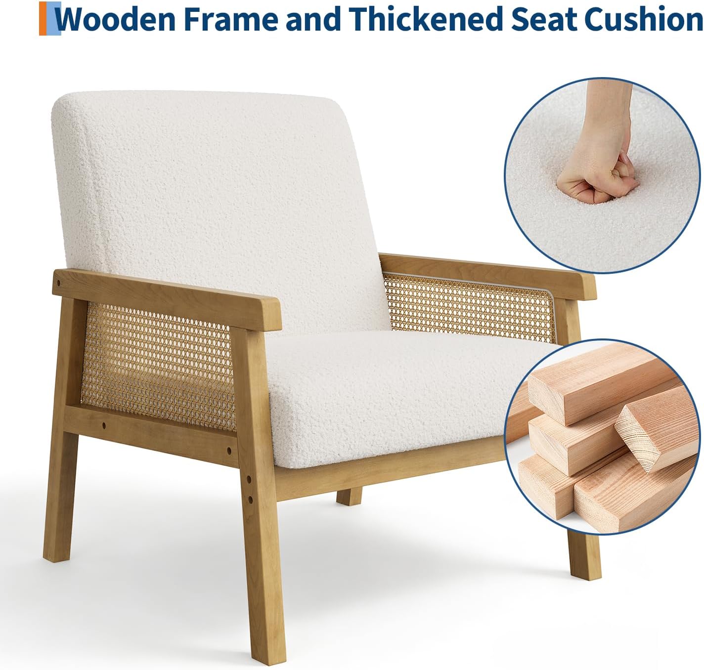 Boucle Fabric Accent Chair with Rattan Sides, Modern Living Room Armchair High Back Upholstered Reading Chair with Wide Arm, Fabric Lounge Single Sofa for Bedroom Guest Room