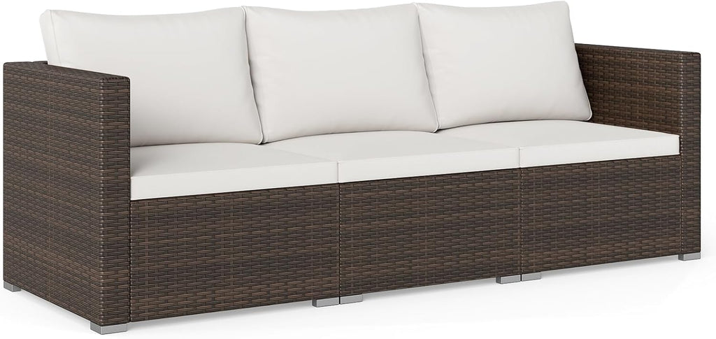 COSTWAY 3-Seater Garden Rattan Sofa, 3-Piece Sectional Patio Sofa Couch with Thick Cushions and Armrests, All-Weather Wicker Weave Outdoor Seating Bench Furniture (Mixed Brown+Off White, 193x67x61cm)