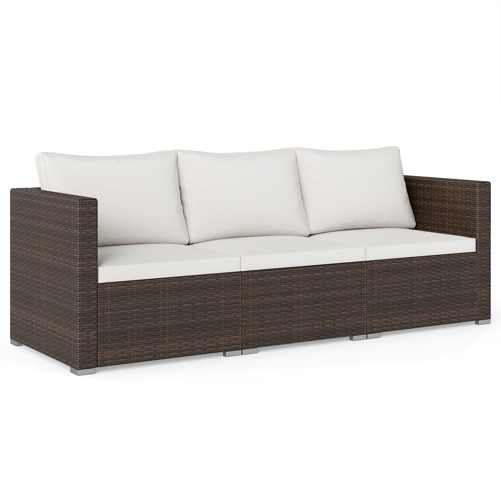 COSTWAY 3-Seater Garden Rattan Sofa, 3-Piece Sectional Patio Sofa Couch with Thick Cushions and Armrests, All-Weather Wicker Weave Outdoor Seating Bench Furniture (Mixed Brown+Off White, 193x67x61cm)