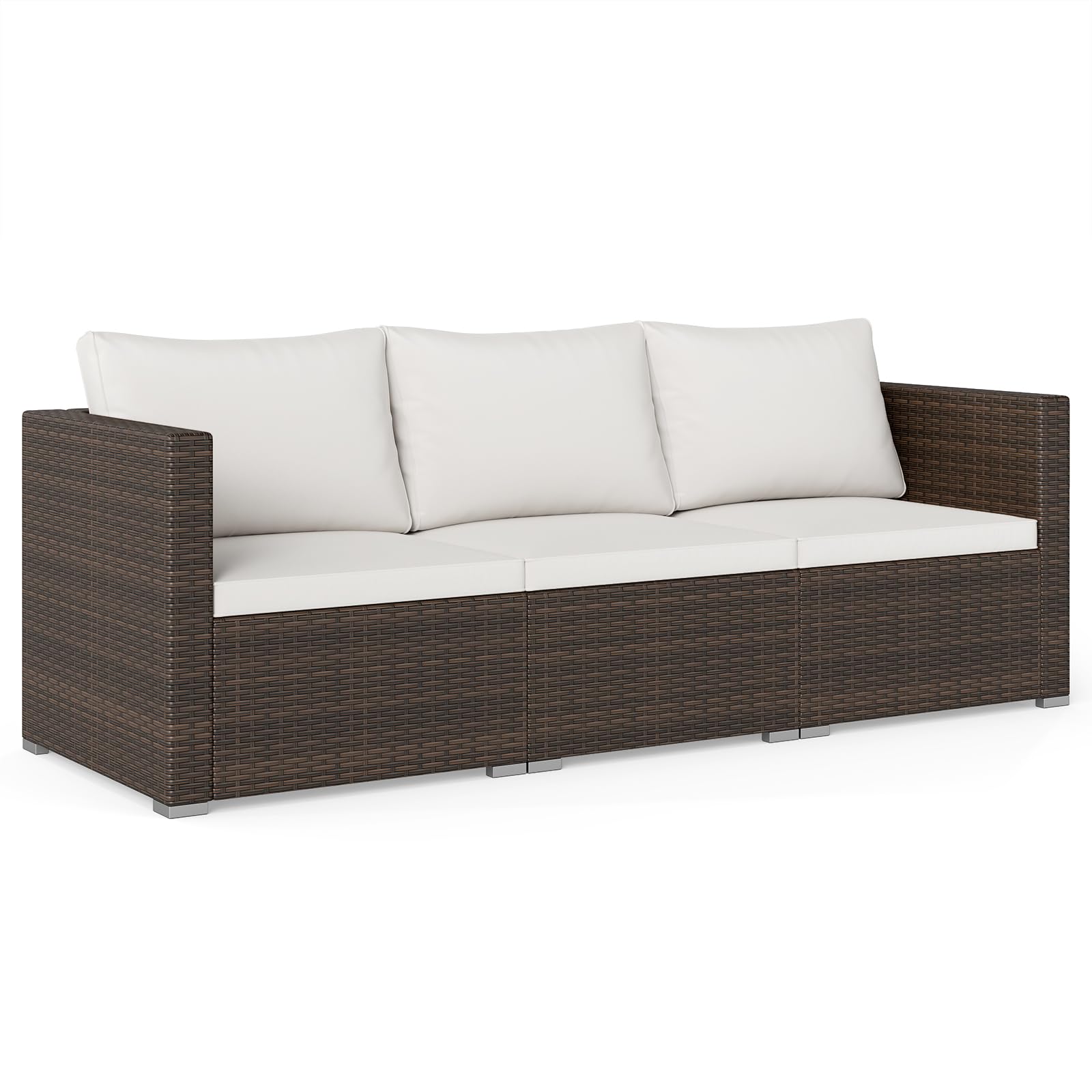 COSTWAY 3-Seater Garden Rattan Sofa, 3-Piece Sectional Patio Sofa Couch with Thick Cushions and Armrests, All-Weather Wicker Weave Outdoor Seating Bench Furniture (Mixed Brown+Off White, 193x67x61cm)