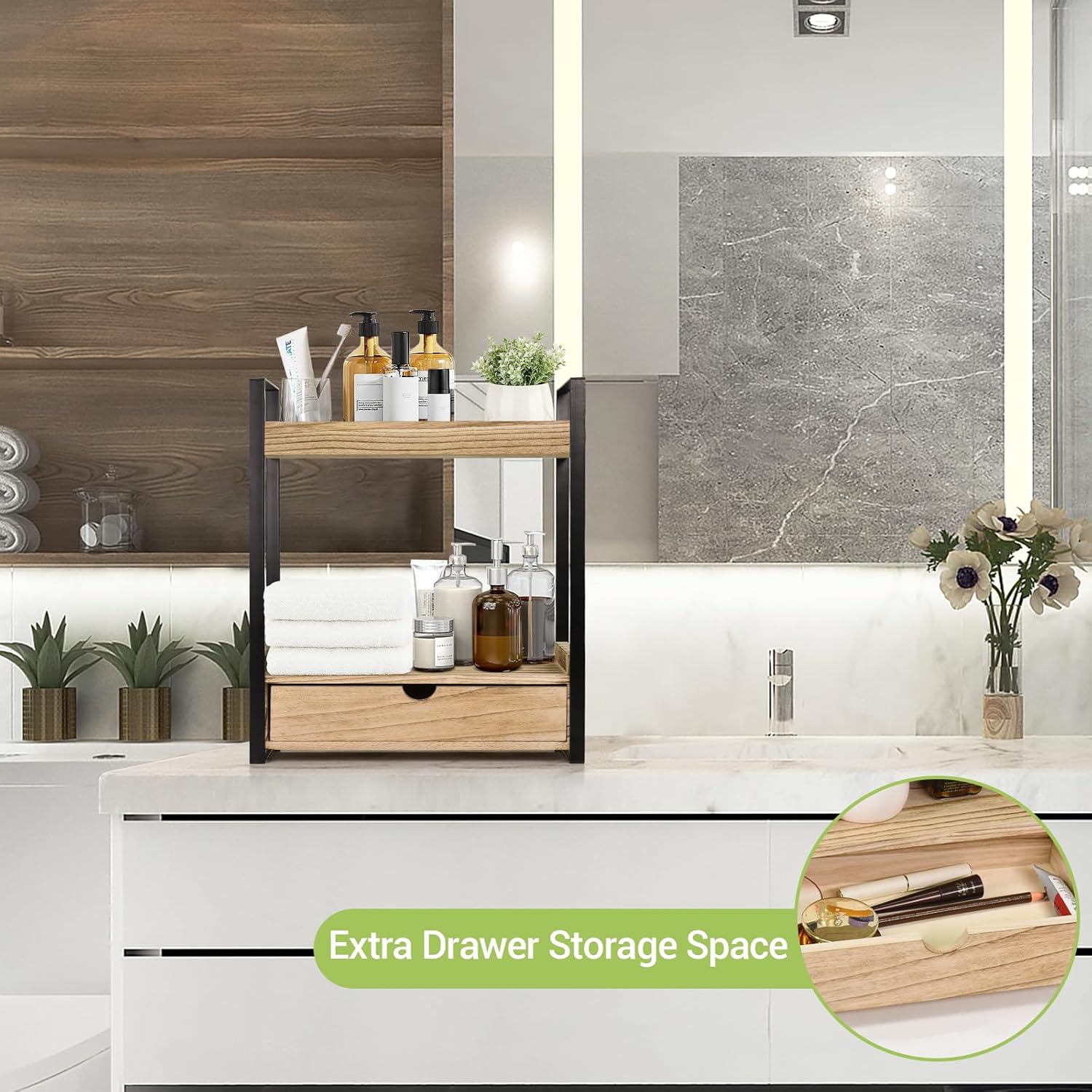 2-Tier Bathroom Organizer Countertop With Drawer, Wood Counter Shelf for Storage, Vanity Tray for Organization and Decor, Countertop Organizer for Kitchen, Office (Brown)