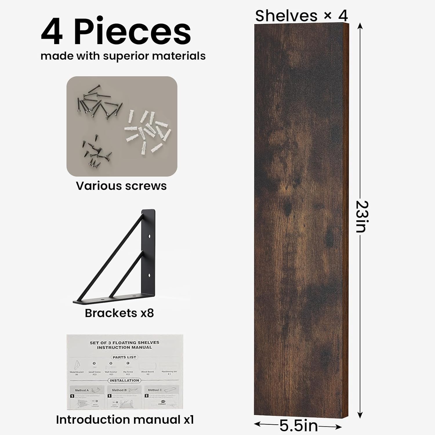 23in Rustic Brown Floating Shelves, Set of 4 Wall Mount Wood Shelves for Bedroom Bathroom Kitchen