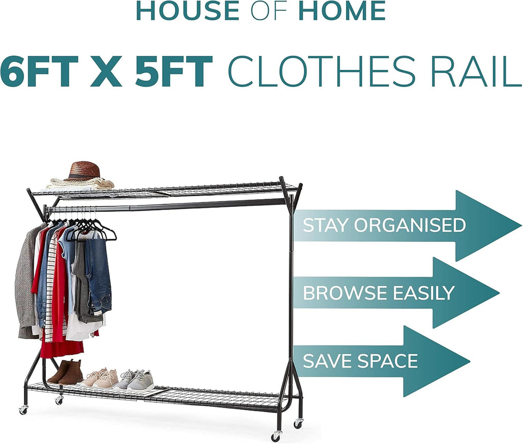 House of Home Clothes Rail Heavy Duty with Wheels Metal Wardrobe Rails For Hanging Clothing & Double Rack Shelves Storage & Organiser for Shirts, Coats, Hat & Shoes 6ft x 5ft Portable Black
