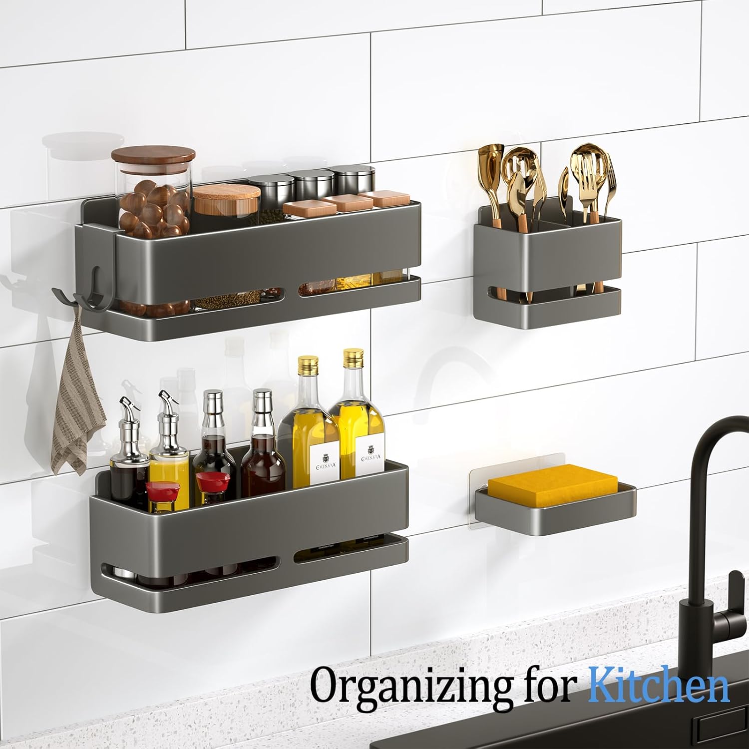 Bathroom Storage Rack (5-piece set), wall-mounted shelf with soap dish and toothbrush holder, no drilling required, ideal for bathroom storage and also suitable for kitchen (Grey)