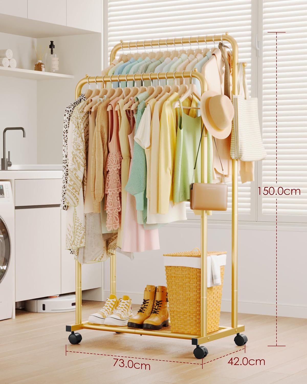 Sakugi Clothes Rail - Double-Rod Rustproof Clothes Rack with Anti-Slip Stoppers, Shoes Shelf and Hooks, Multifunctional Hanging Rack for Laundry, Entryway, Bedroom, Shop, 73 x 42 x 150 cm, Gold