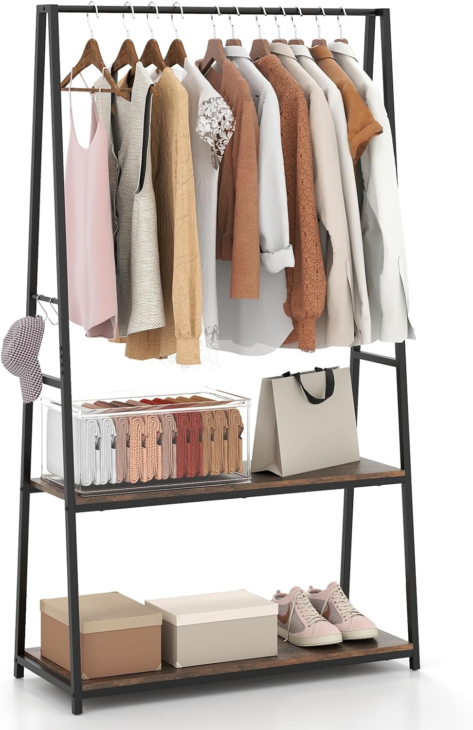COSTWAY Clothes Rail, Freestanding Garment Rack Clothes Stand with Hanging Rail, 2 Storage Shelves and 4 Hooks, Heavy-duty Metal Frame Clothing Rack Coat Hanger for Bedroom Closet (Black+Rustic Brown)