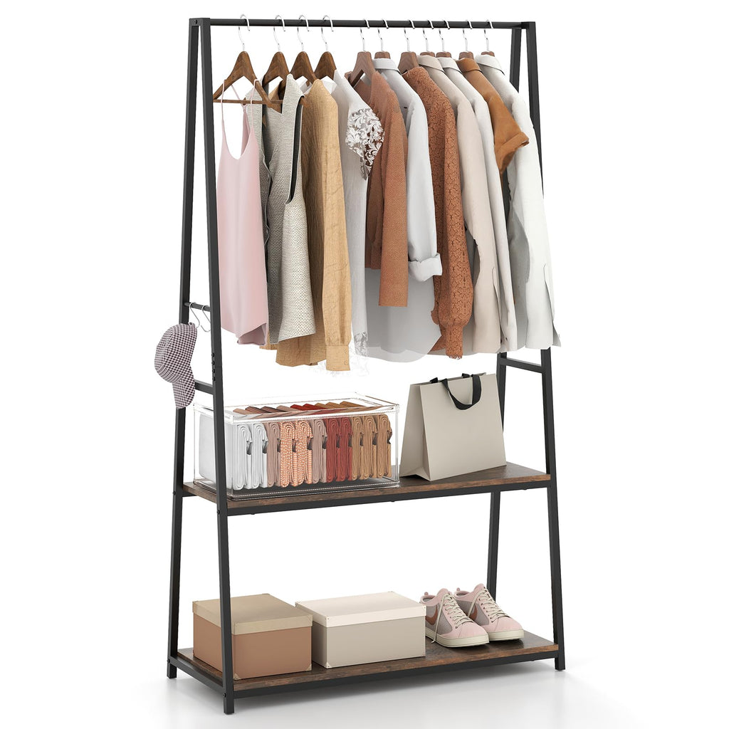 COSTWAY Clothes Rail, Freestanding Garment Rack Clothes Stand with Hanging Rail, 2 Storage Shelves and 4 Hooks, Heavy-duty Metal Frame Clothing Rack Coat Hanger for Bedroom Closet (Black+Rustic Brown)