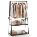 COSTWAY Clothes Rail, Freestanding Garment Rack Clothes Stand with Hanging Rail, 2 Storage Shelves and 4 Hooks, Heavy-duty Metal Frame Clothing Rack Coat Hanger for Bedroom Closet (Black+Rustic Brown)