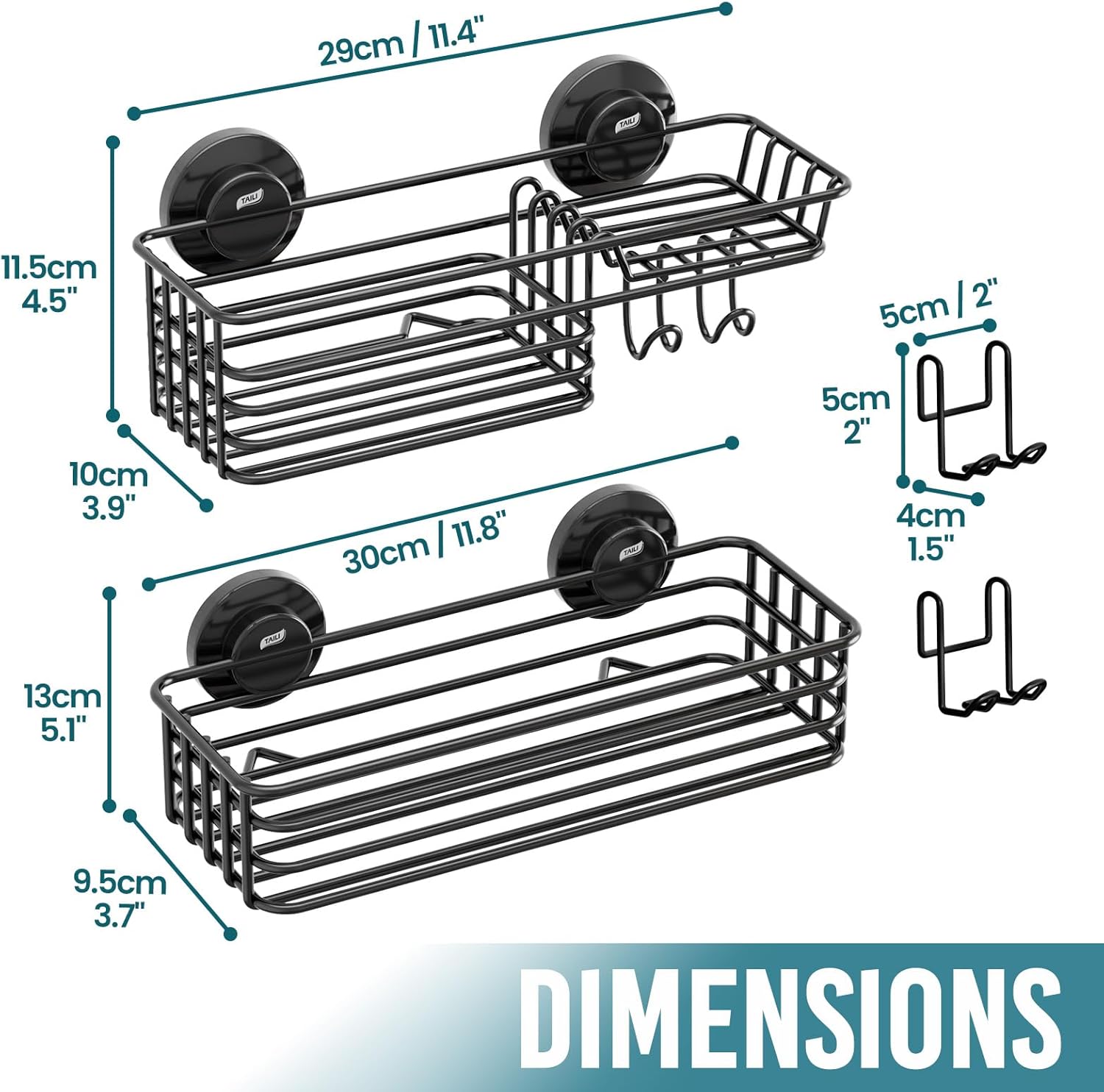 TAILI 2 Pack Rustproof Suction Shower Caddy, Stainless Steel Suction Cup Shower Caddy Bathroom Shelves No Drilling Heavy Duty Holder Removable Powerful Bathroom for Shampoo Toiletries Kitchen, Black