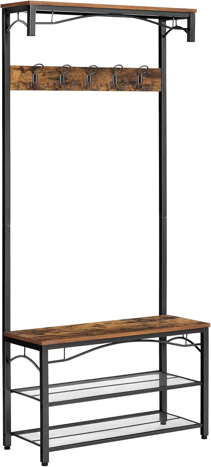 VASAGLE Clothes Rack, Hallway Tree with Shoe Storage, 5 Tier Shoe Rack, Different Height, 5 Double Hooks, Top Shelf, Dormitory in the Corridor Industrial Rustic Brown and Black HSR408B01