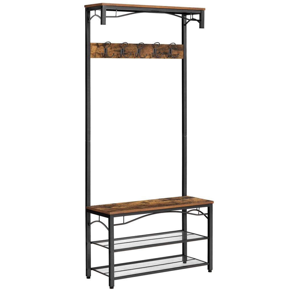 VASAGLE Clothes Rack, Hallway Tree with Shoe Storage, 5 Tier Shoe Rack, Different Height, 5 Double Hooks, Top Shelf, Dormitory in the Corridor Industrial Rustic Brown and Black HSR408B01
