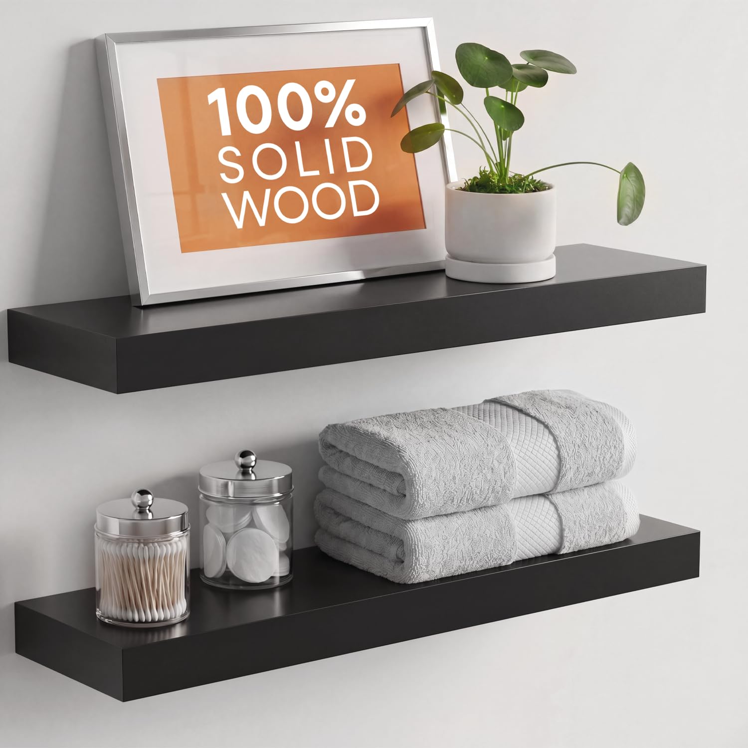 Homeforia White Floating Shelves 24 inch, High End Solid Real Wood 24inch Bathroom Floating Shelf for Wall Mounted, White Wooden 24in Floating Shelves, Heavy Duty Bracket, 24 X 6.5 X 1.75 in, Set of 2