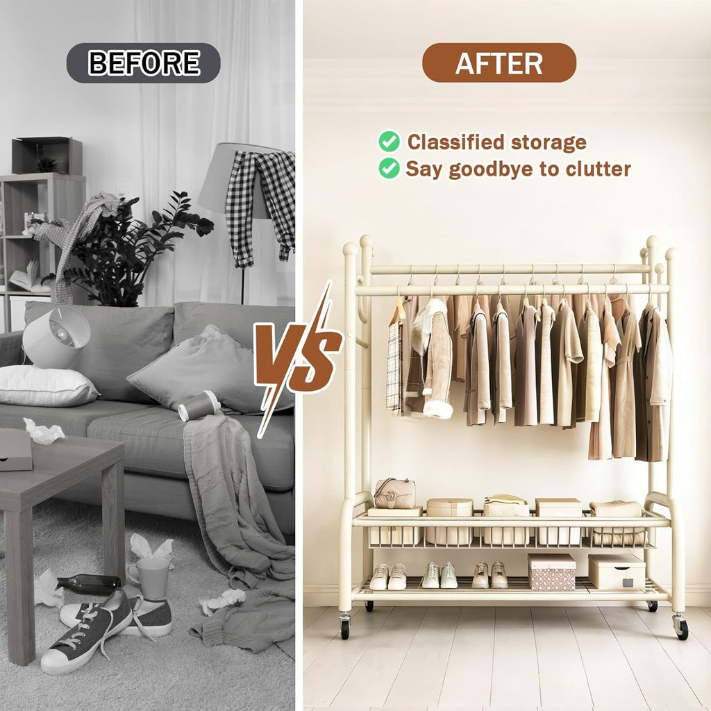 Heavy-Duty Clothes Rail for Bedroom, Double Wardrobe Rail with 4 Hooks, Lockable Metal Wheels, Shoe Rack & Detachable Storage Shelves, Clothing Rack for Laundry Shop Bedroom (White)