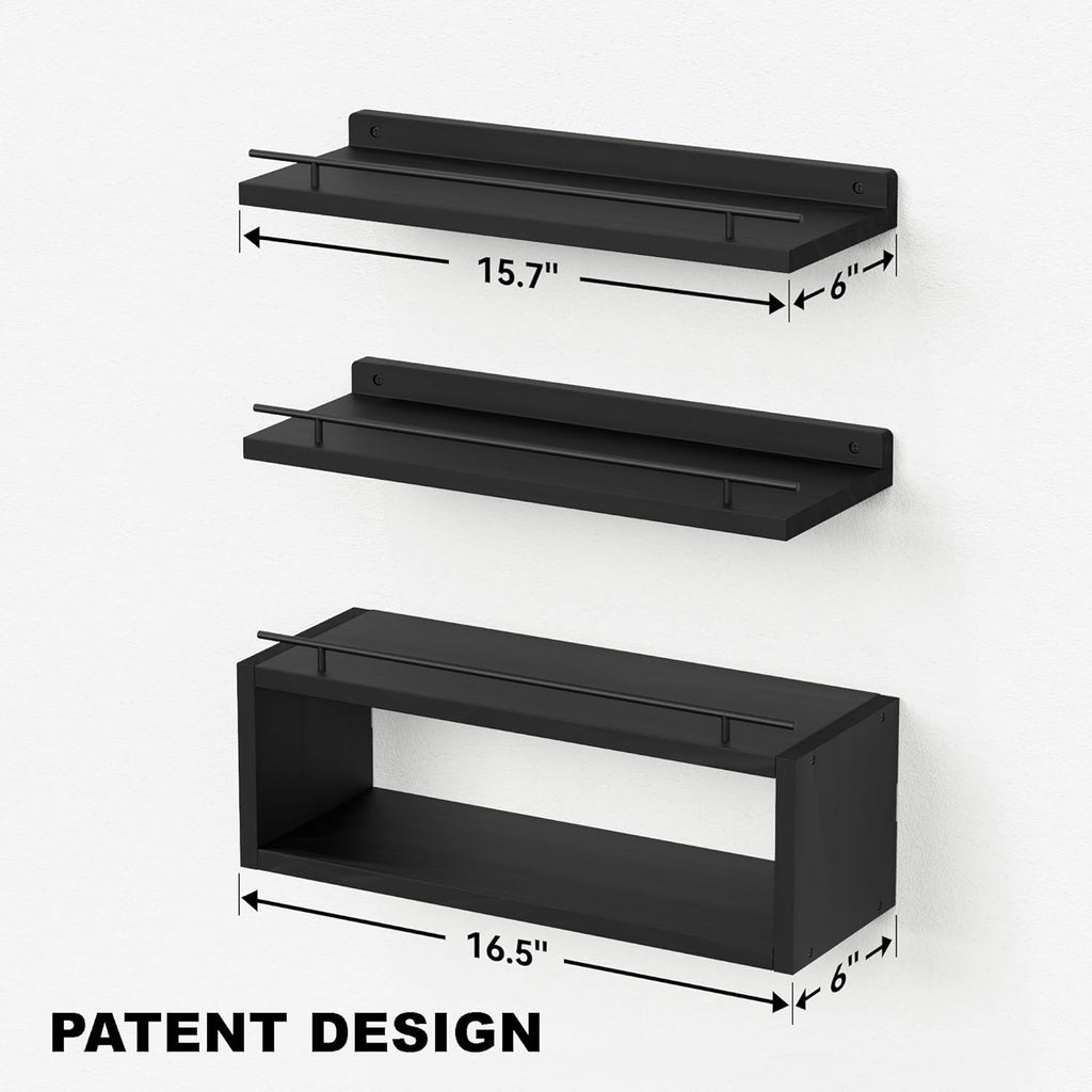 WOPITUES Floating Shelves for Wall with Cube Shelf, Wall Shelves with Metal Rail for Bathroom Decor, Bathroom Organizers and Storage, Over Toilet Shelves for Toilet Paper-Black