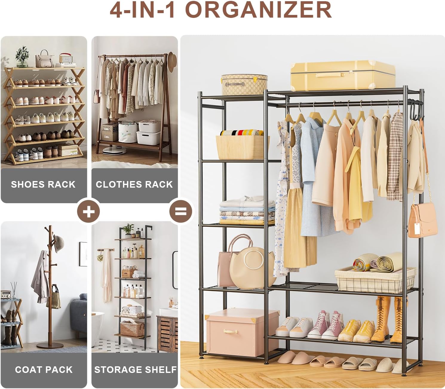 Neprock Clothes Rails for Bedroom, FreeStanding Open Wardrobe Closet with Hanging Rail, 4 Storage Shelves, 3 Hooks and 2 Bottom Shelves, Portable Metal Clothing Rack for Shoe and Clothes Storage,Black