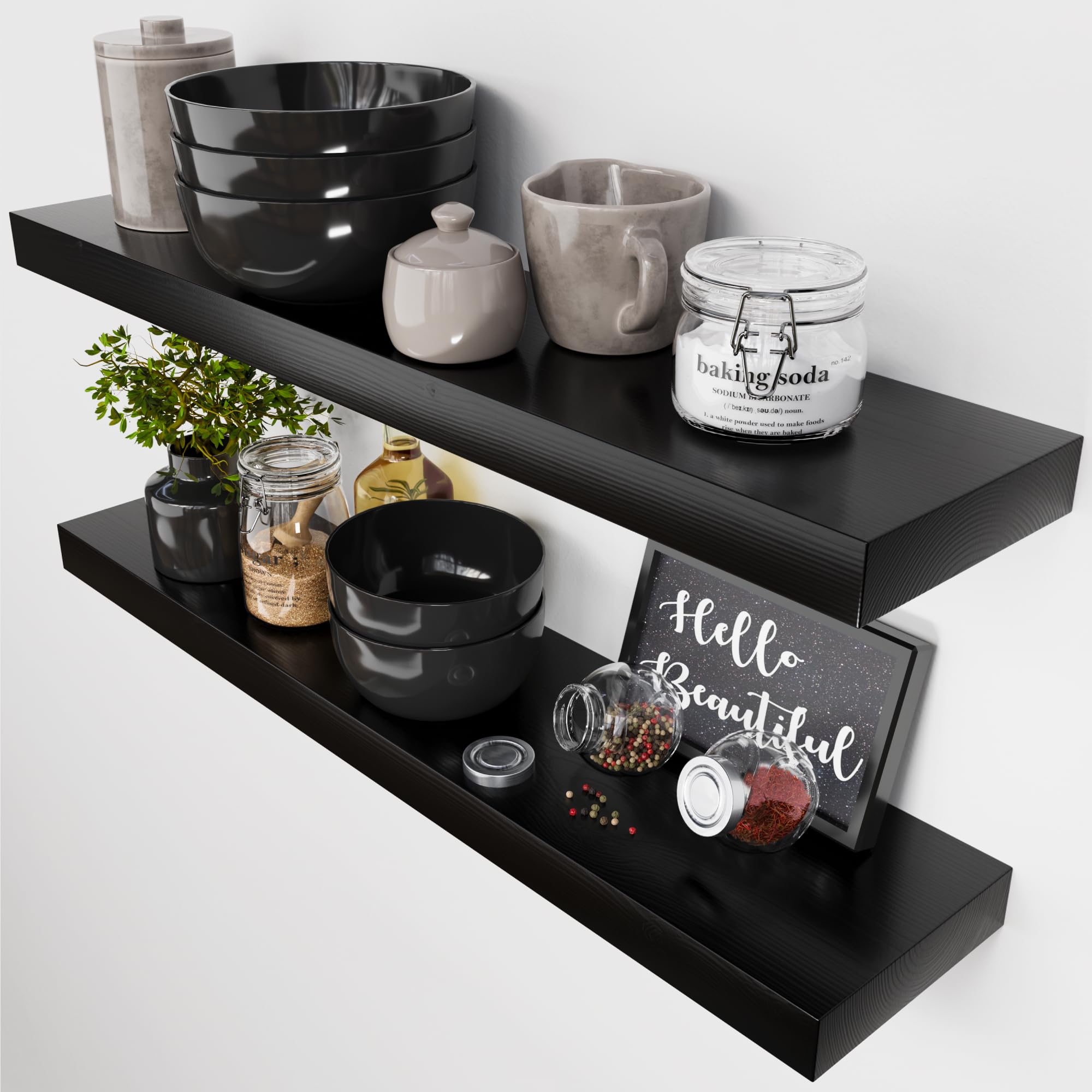 BAOBAB WORKSHOP Wood Floating Shelves for Wall Mounted, 16 inch Walnut Floating Shelf for Bathroom, Solid Wooden Wall Shelves for Kitchen Bedroom Farmhouse, Walnut Finish, 16 x 6.7, Set of 2