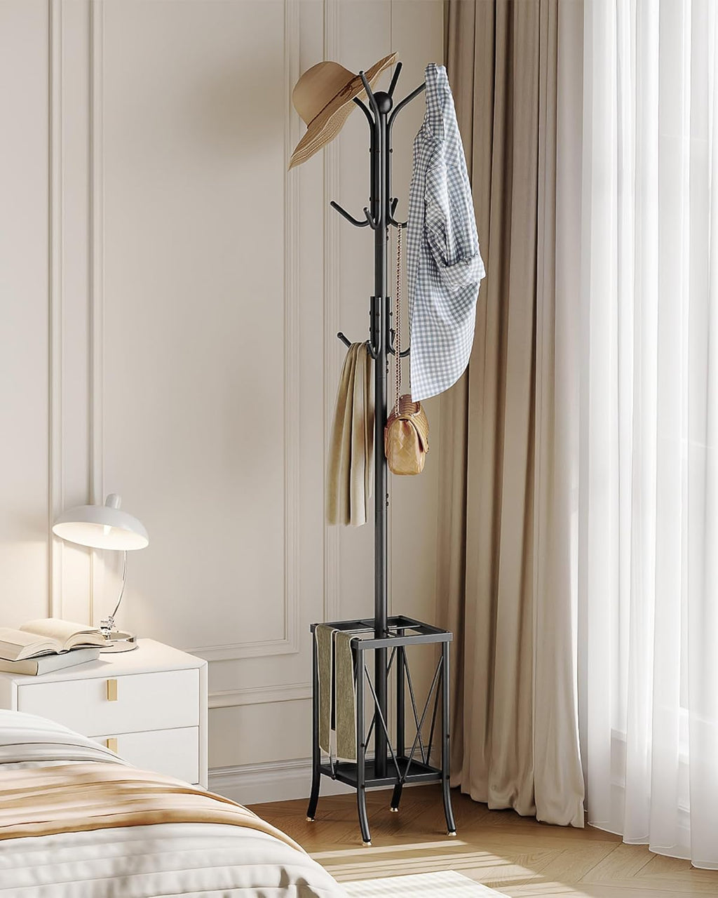 CHOEZON Coat Stand with Umbrella Holder, Coat Rack Freestanding, Entryway Hanger Stand with12 Hooks, Metal Hall Tree for Bags, Coats, Hats, Entryway, Hallway, Living Room, Bedroom, Black DTYM01BB