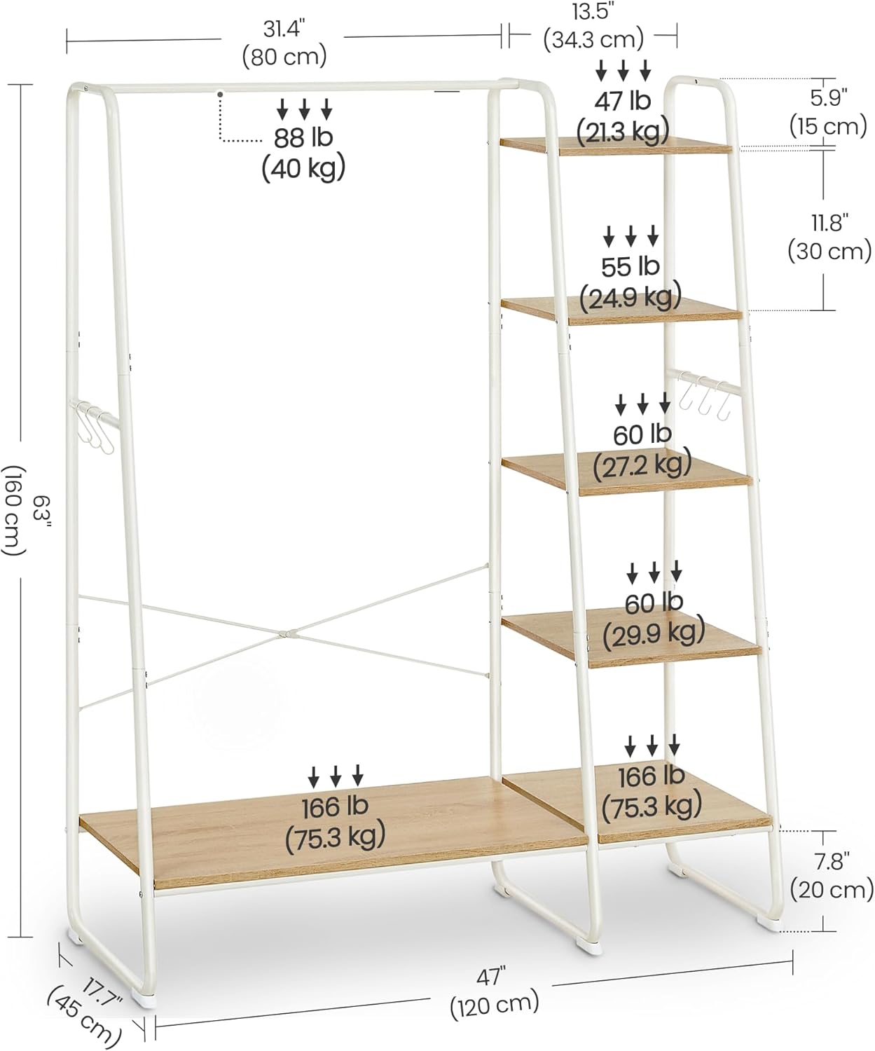 VASAGLE Clothes Rail, Clothes Rack with Shoe Shelf, 5-Tier Storage Rack, 6 Side Hooks, for Bedroom, Living Room, Natural Oak and White RGR116W09