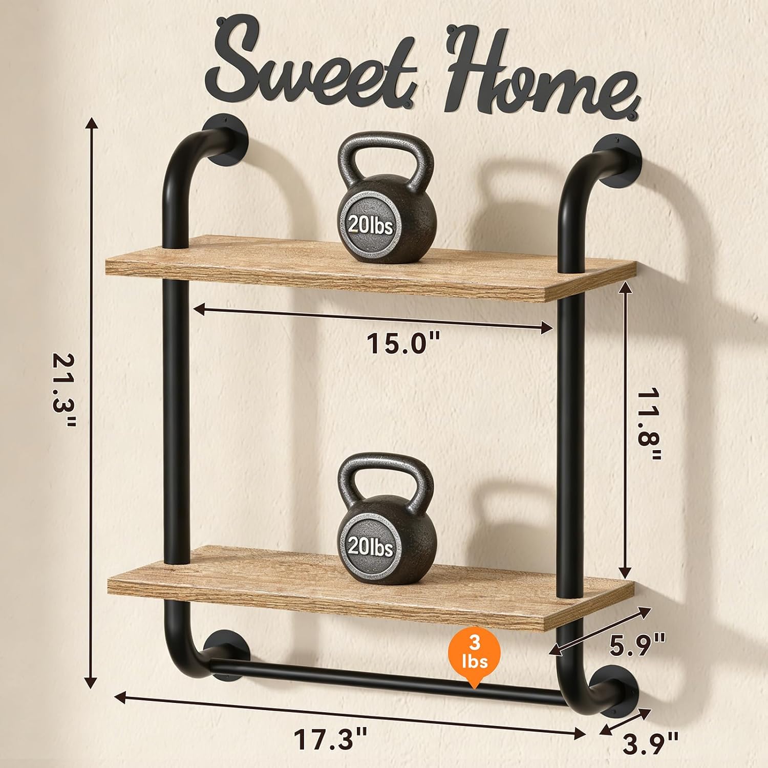 Tinpin Bathroom Shelves Wall Mounted, Rustic Farmhouse Pipe Shelves, 2-Tier, Industrial Shelving Over Toilet, Floating Shelf Decor for Bathroom, Kitchen, Bedroom, Living Room 17.3 inch