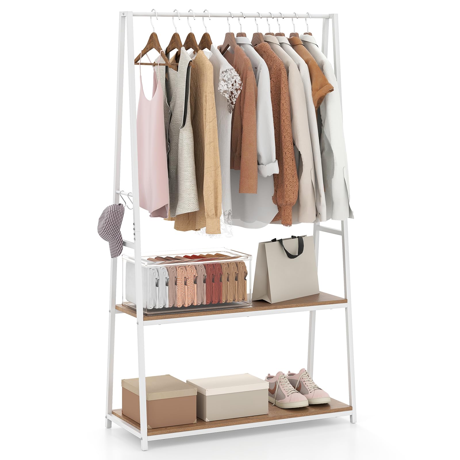 COSTWAY Clothes Rail, Freestanding Garment Rack Clothes Stand with Hanging Rail, 2 Storage Shelves and 4 Hooks, Heavy-duty Metal Frame Clothing Rack Coat Hanger for Bedroom Closet (Black+Rustic Brown)