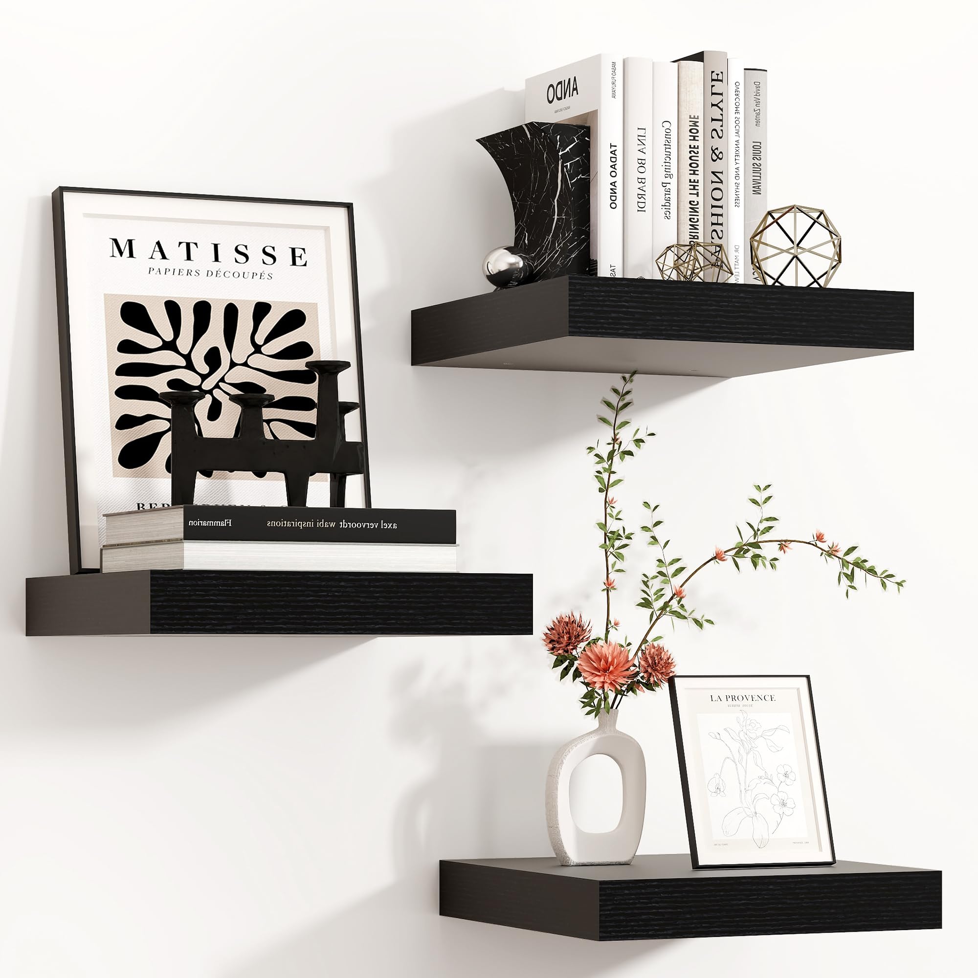 Venusmiles Floating Shelves for Wall 24 inch Long, Engineered Wood Wall Shelves with Invisible Brackets for Living Room Bedroom Bathroom Office Kitchen Decor and Storage, Oak Finish, Set of 2