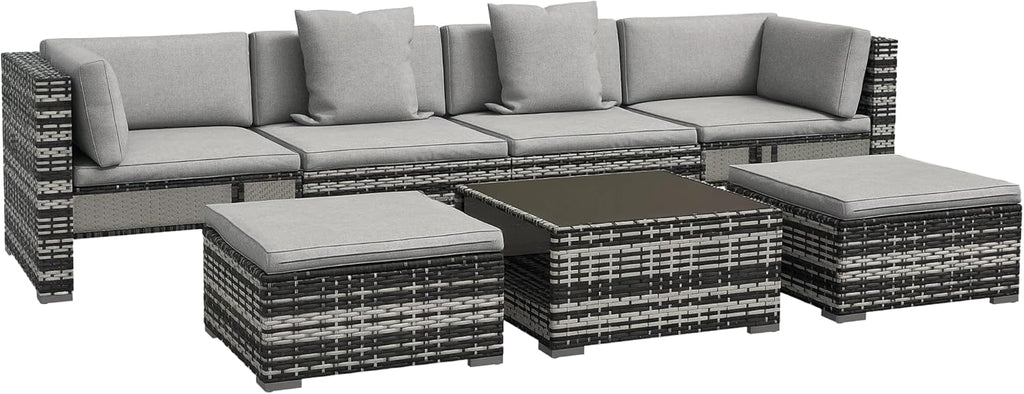 Outsunny 7 Pieces PE Rattan Garden Sofa Set Patio Furniture Set with Glass Table, Stools, Cushions, Pillows, for Outdoor Balcony, Mixed Grey